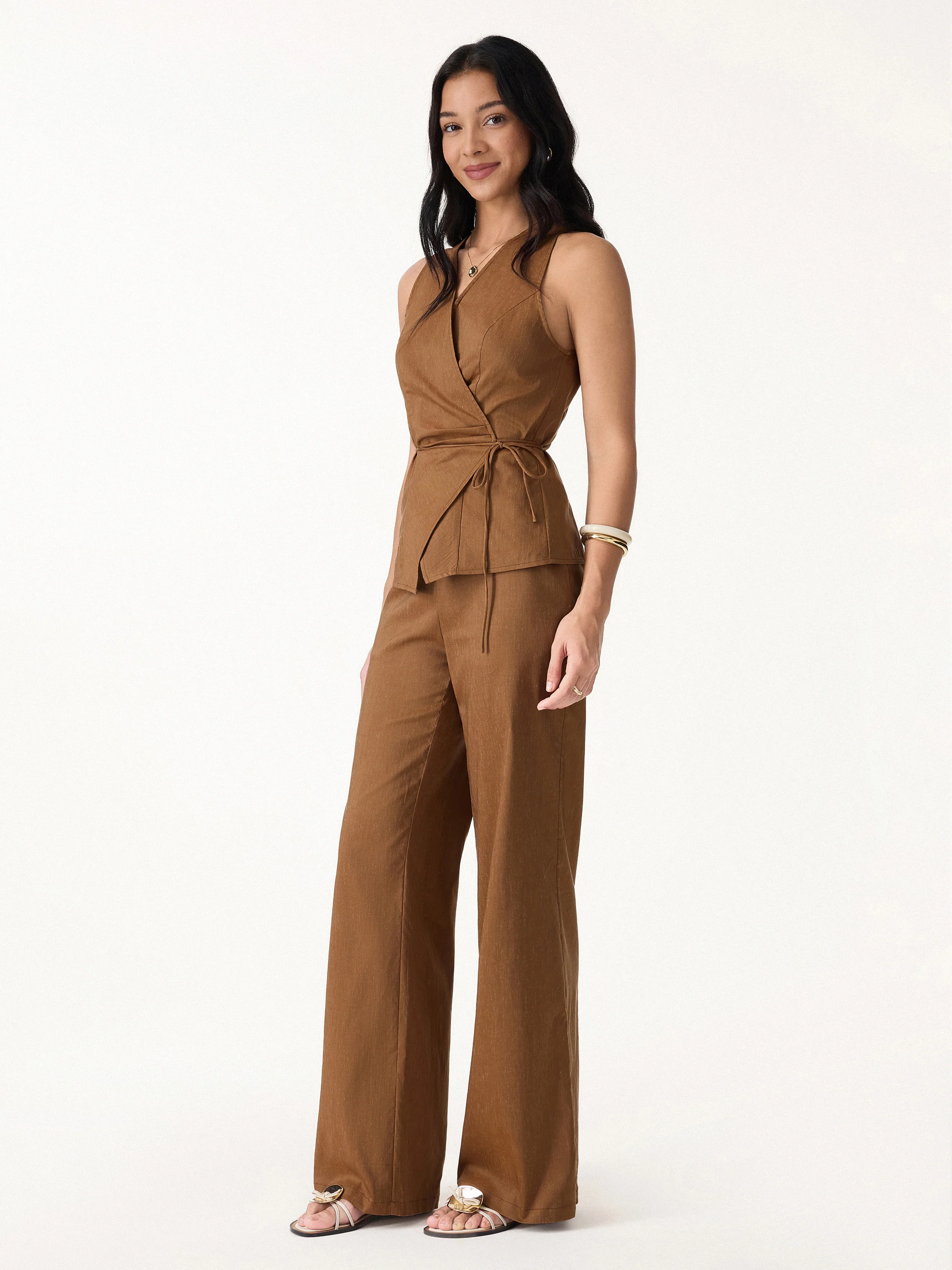 2Pcs Set Wrap Top with Self-Tie & Drawstring Wide Leg Pant with Pockets - Image 4