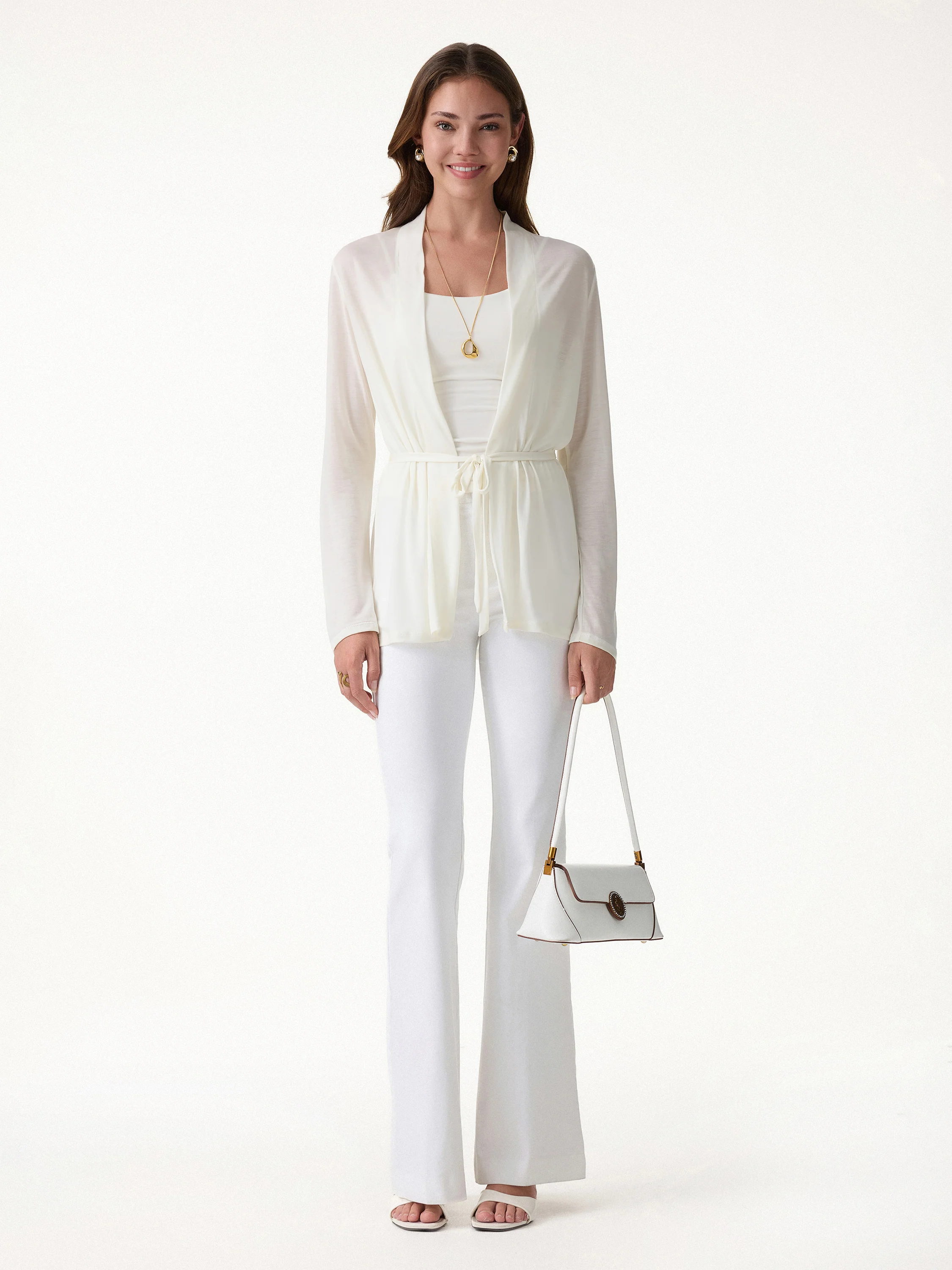 Airy Soft Open Front Cardigan with Tie - Image 4
