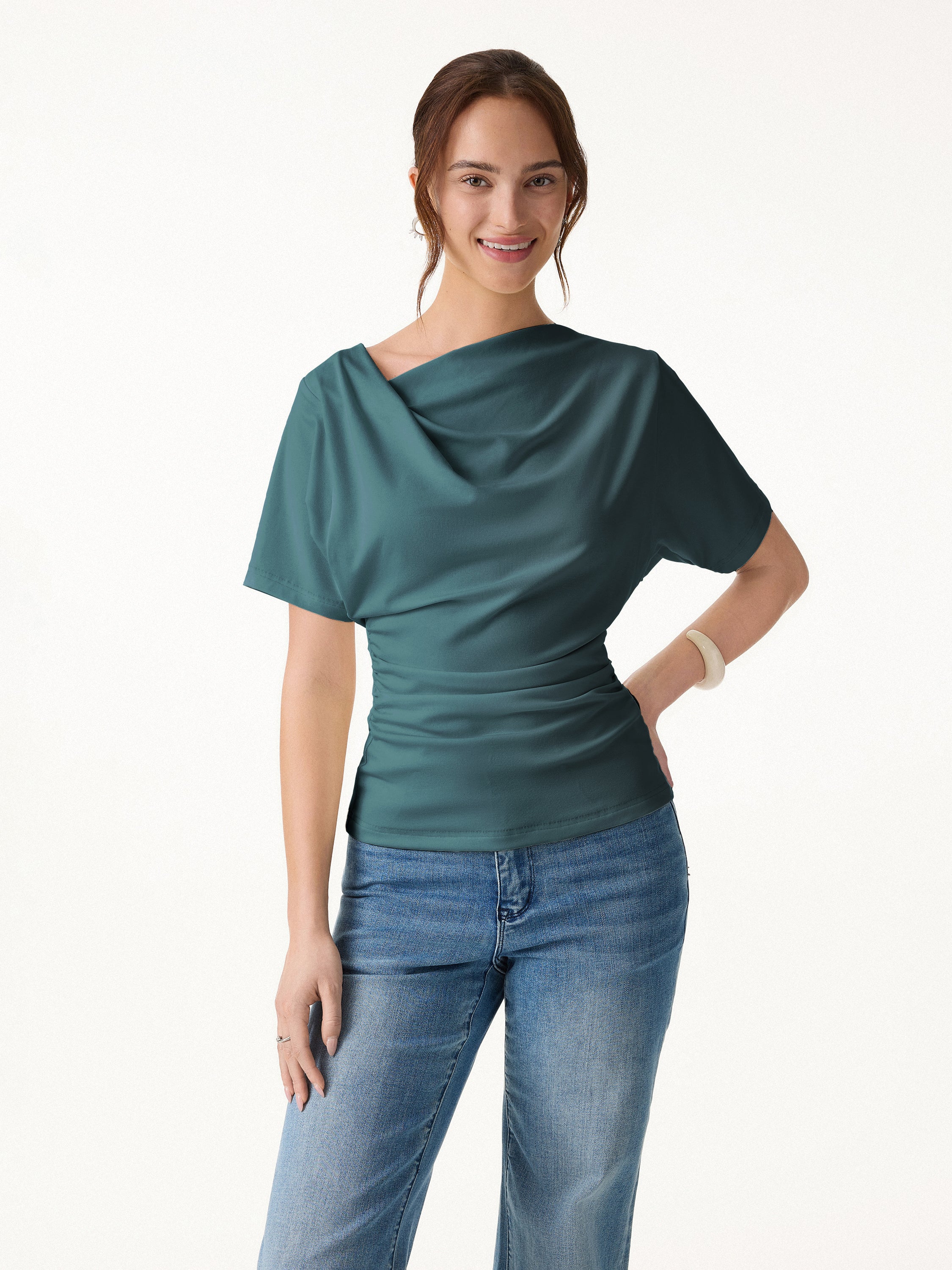 Asymmetrical Cowl Neck Ruched Top - Image 15