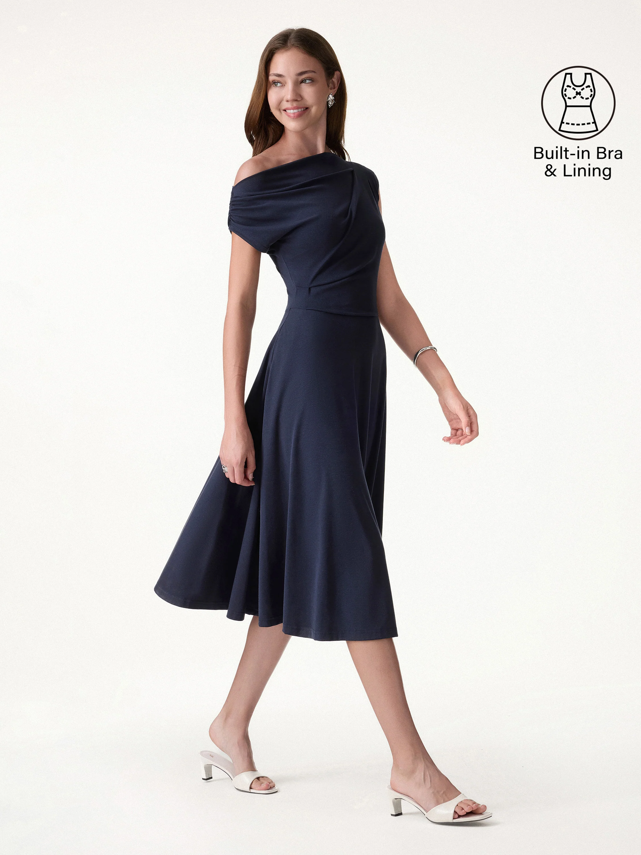Asymmetrical Shoulder Tucked Midi Bra Dress with Pockets - Image 6
