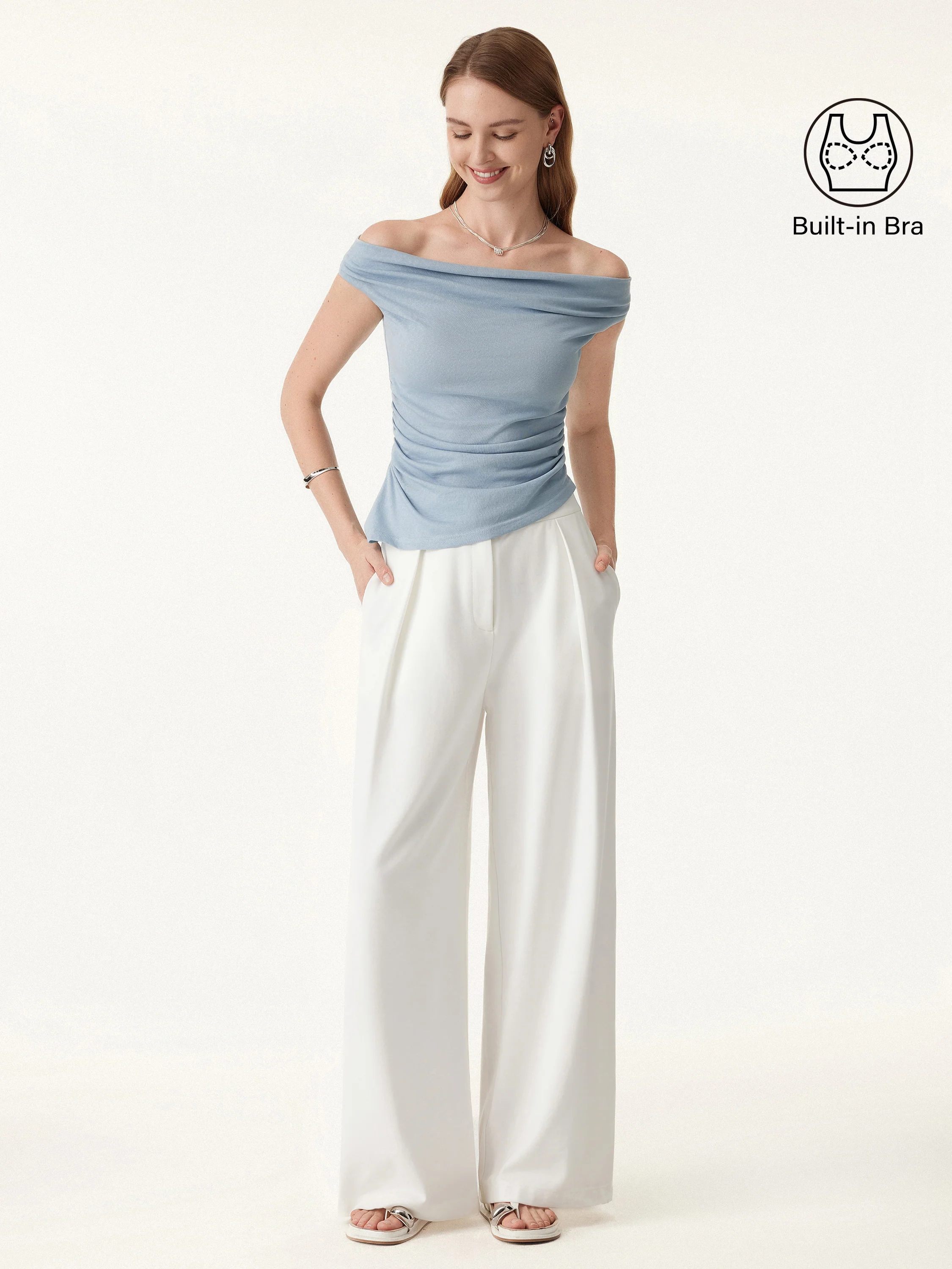 Off Shoulder Cotton-Linen Gathered New Airy Bra Tank - Image 4