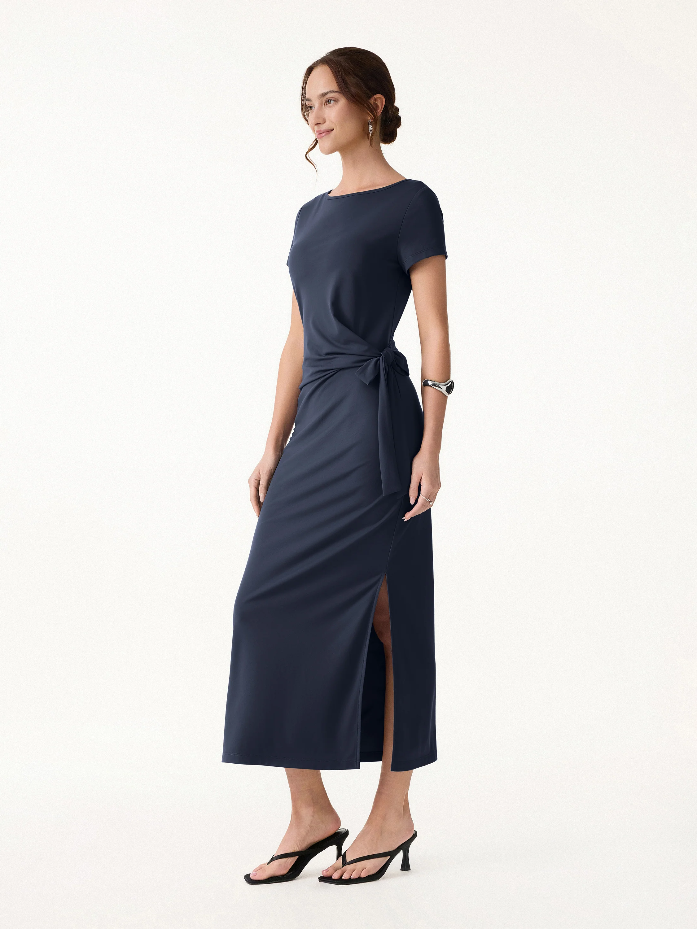 Cooling Wrinkle-Resistant Side Waist Tie Midi Dress with Slit - Image 4