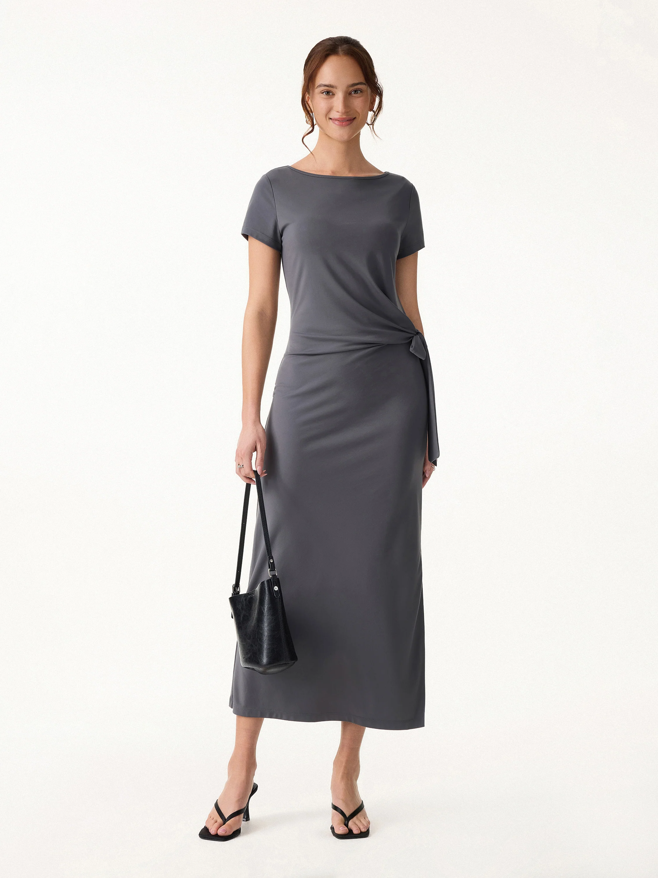 Cooling Wrinkle-Resistant Side Waist Tie Midi Dress with Slit - Image 8