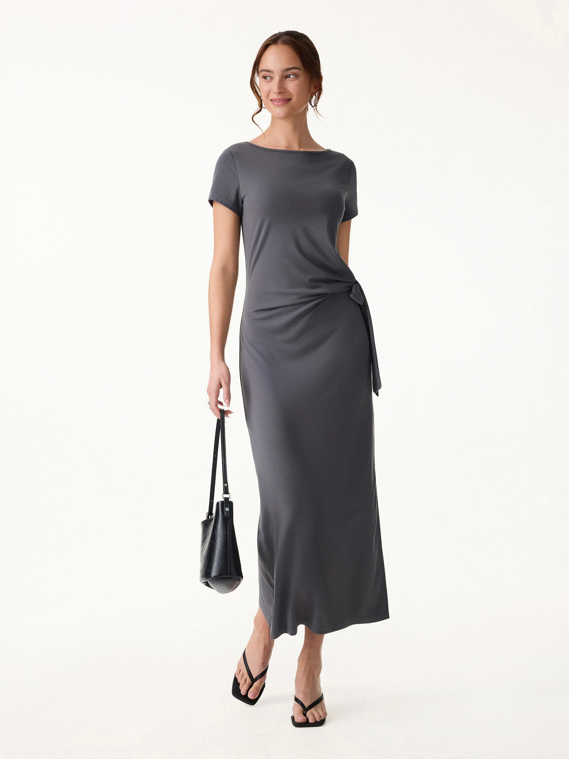 Cooling Wrinkle-Resistant Side Waist Tie Midi Dress with Slit - Image 9
