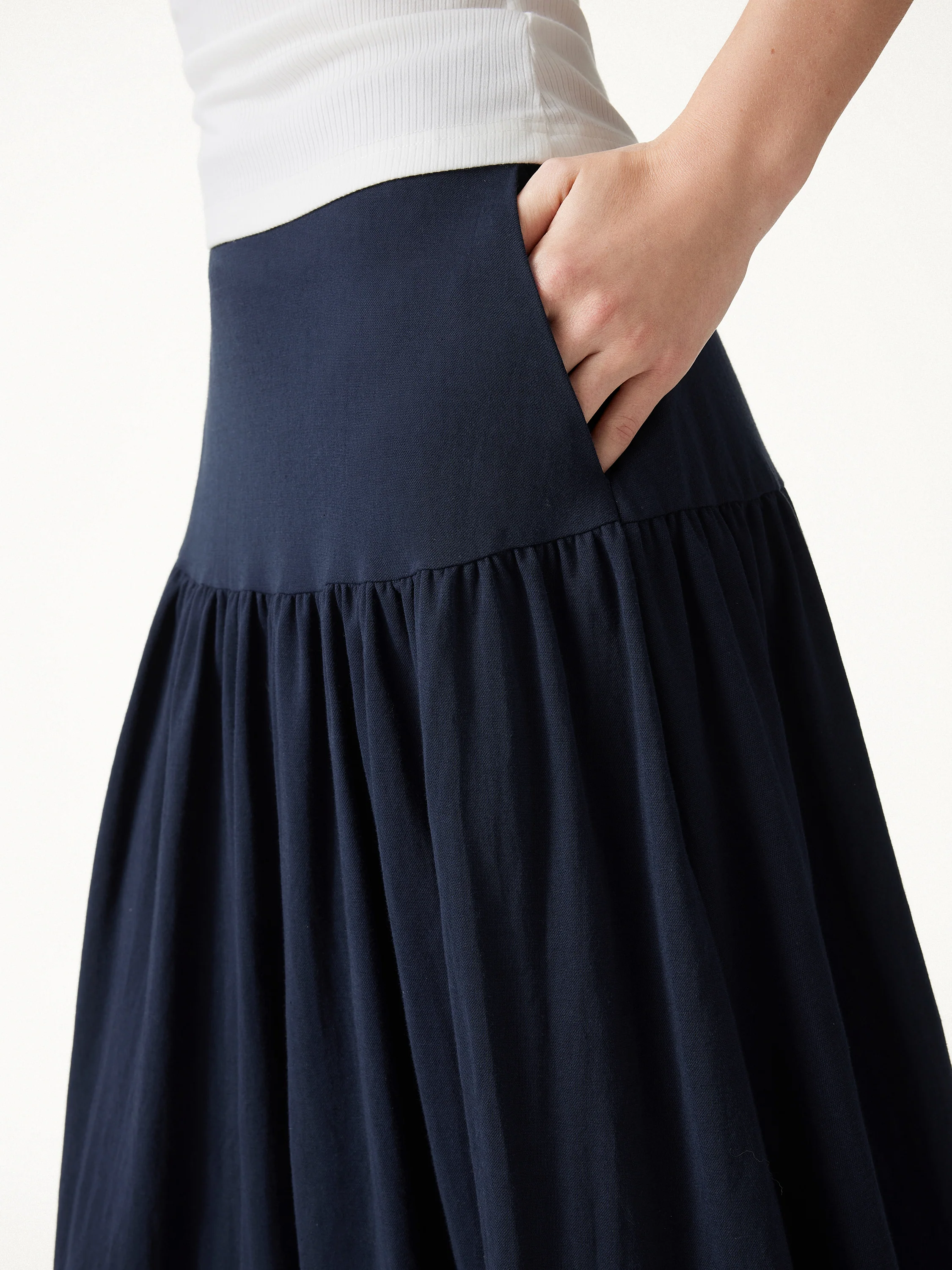 Cotton-Linen Gathered Midi Skirt with Pockets - Image 3