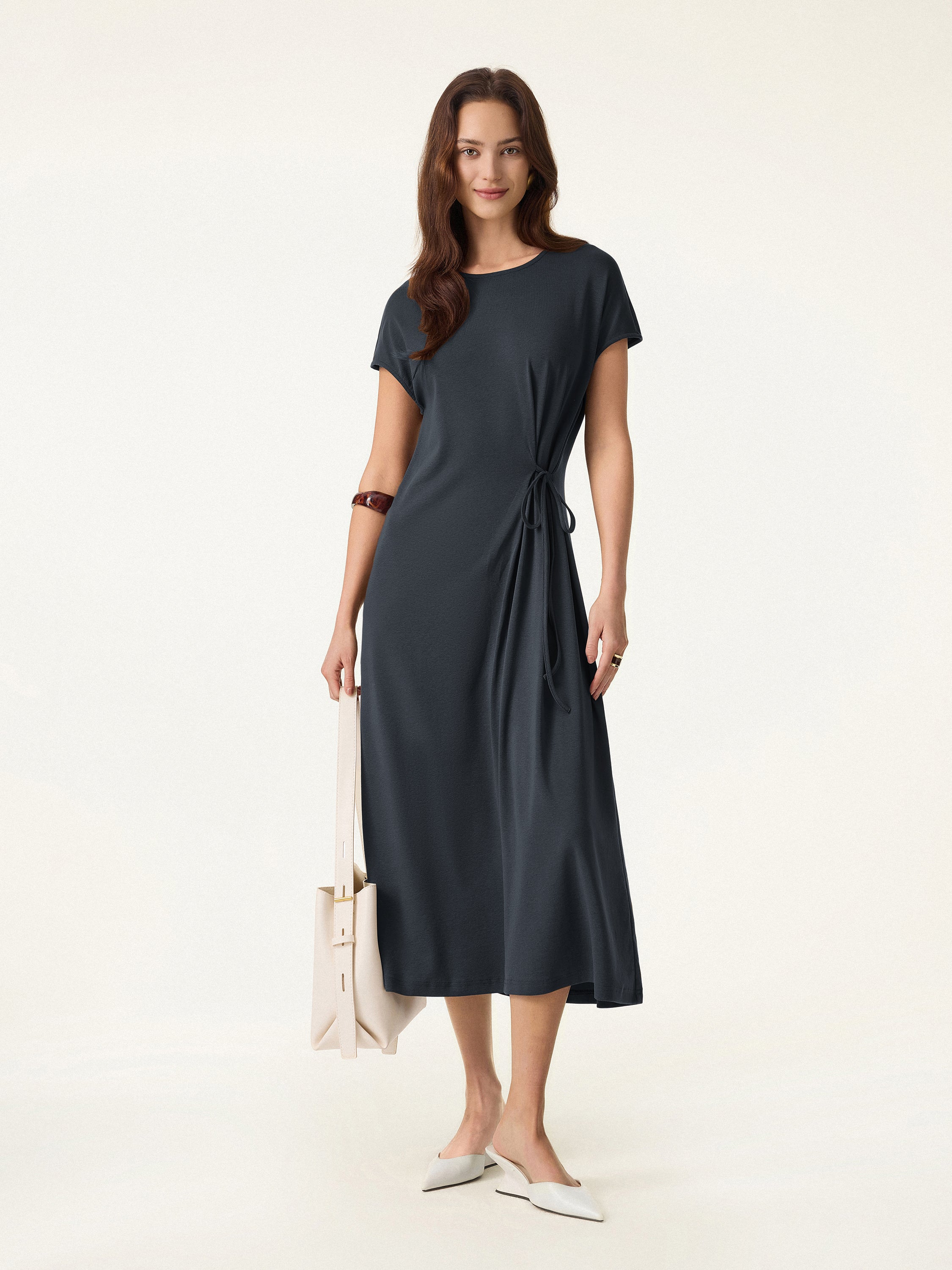 Cotton Lyocell Easy Airy Midi Dress with Self-Tie - Image 9