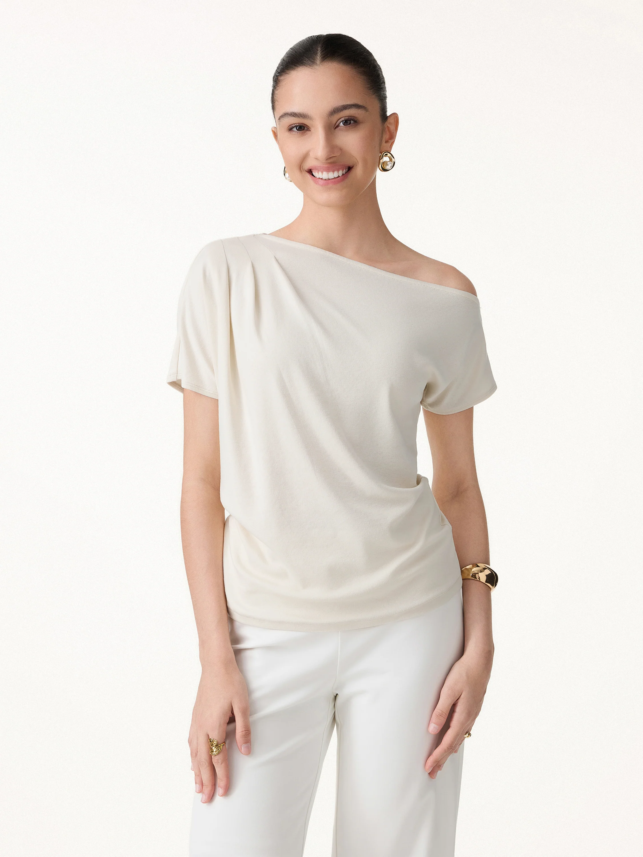 Cotton-Lyocell Effortless Asymmetrical Tucked Tee