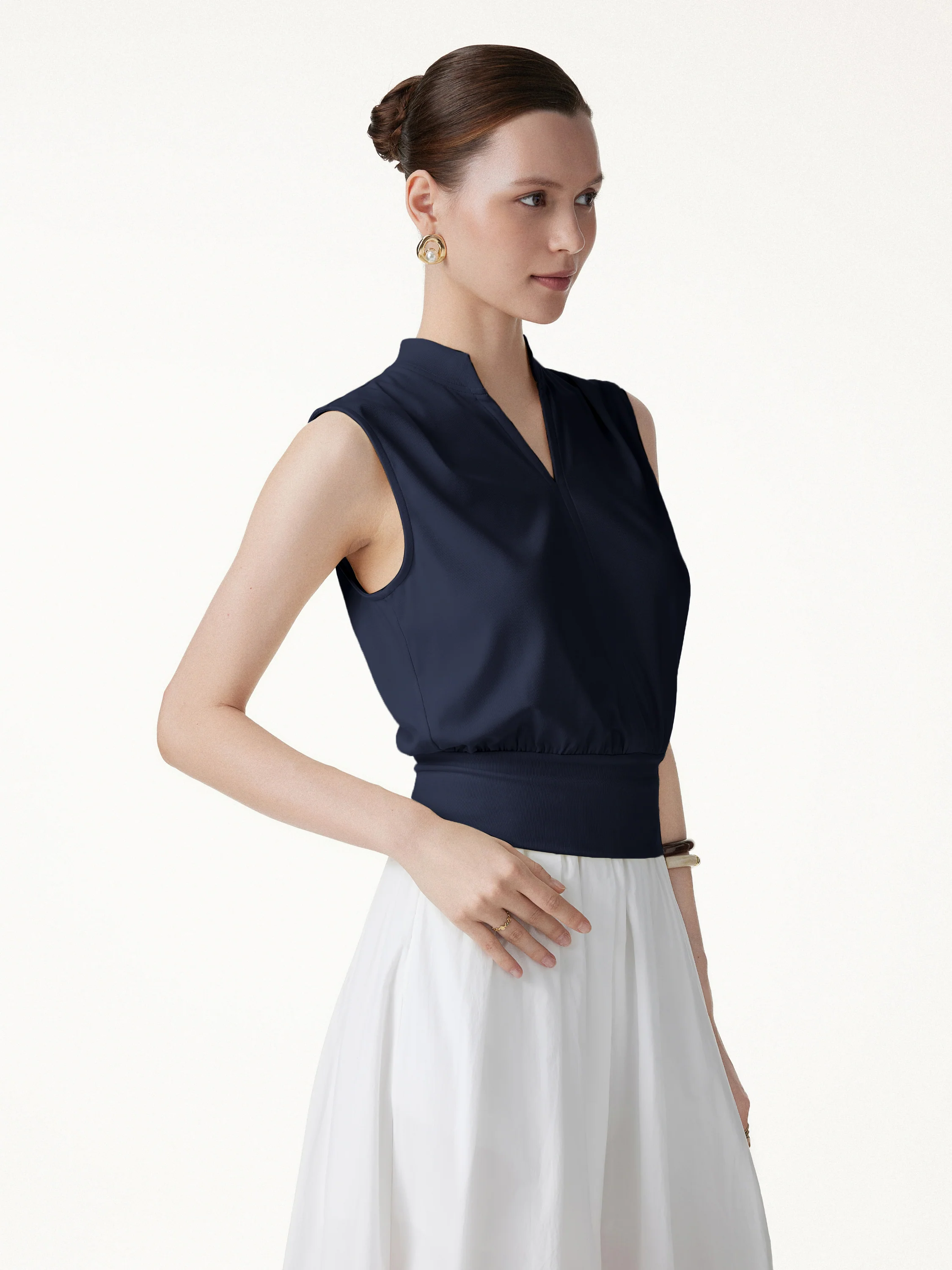 Cotton-Viscose V-neck Stand Collar Sleeveless Top