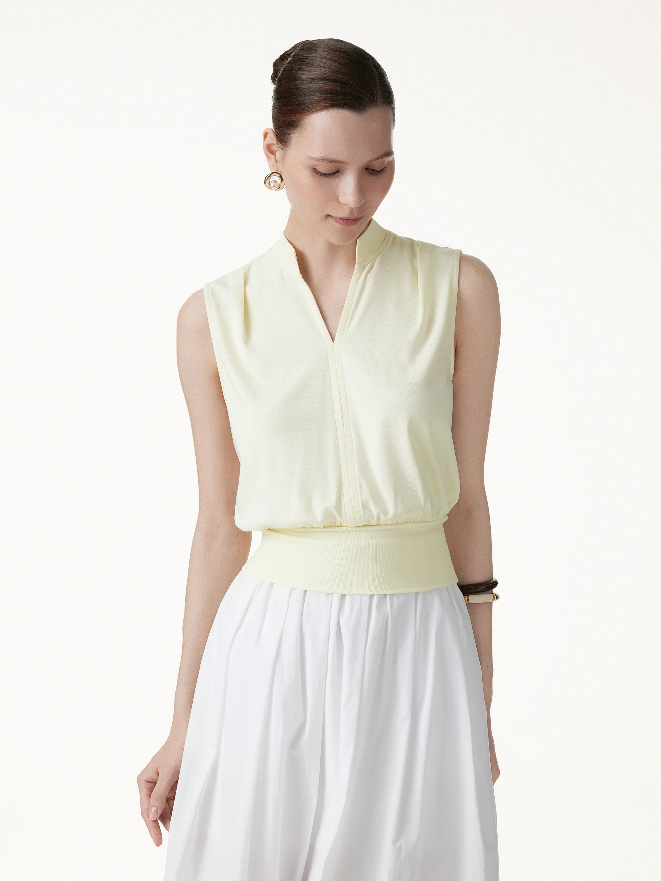 Cotton-Viscose V-neck Stand Collar Sleeveless Top - Image 5