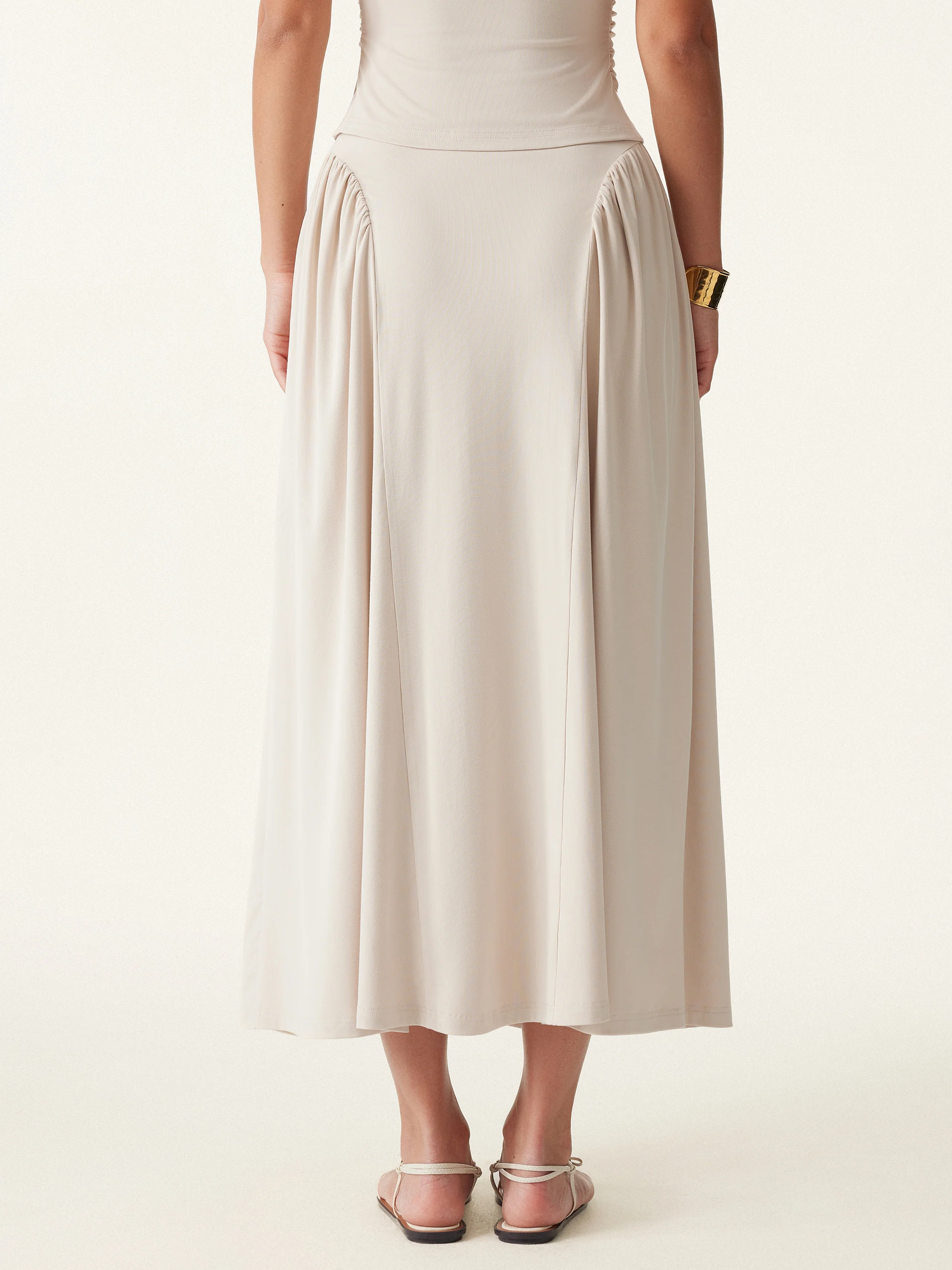 Curved Gathering Flared Midi Skirt with Pockets - Image 10