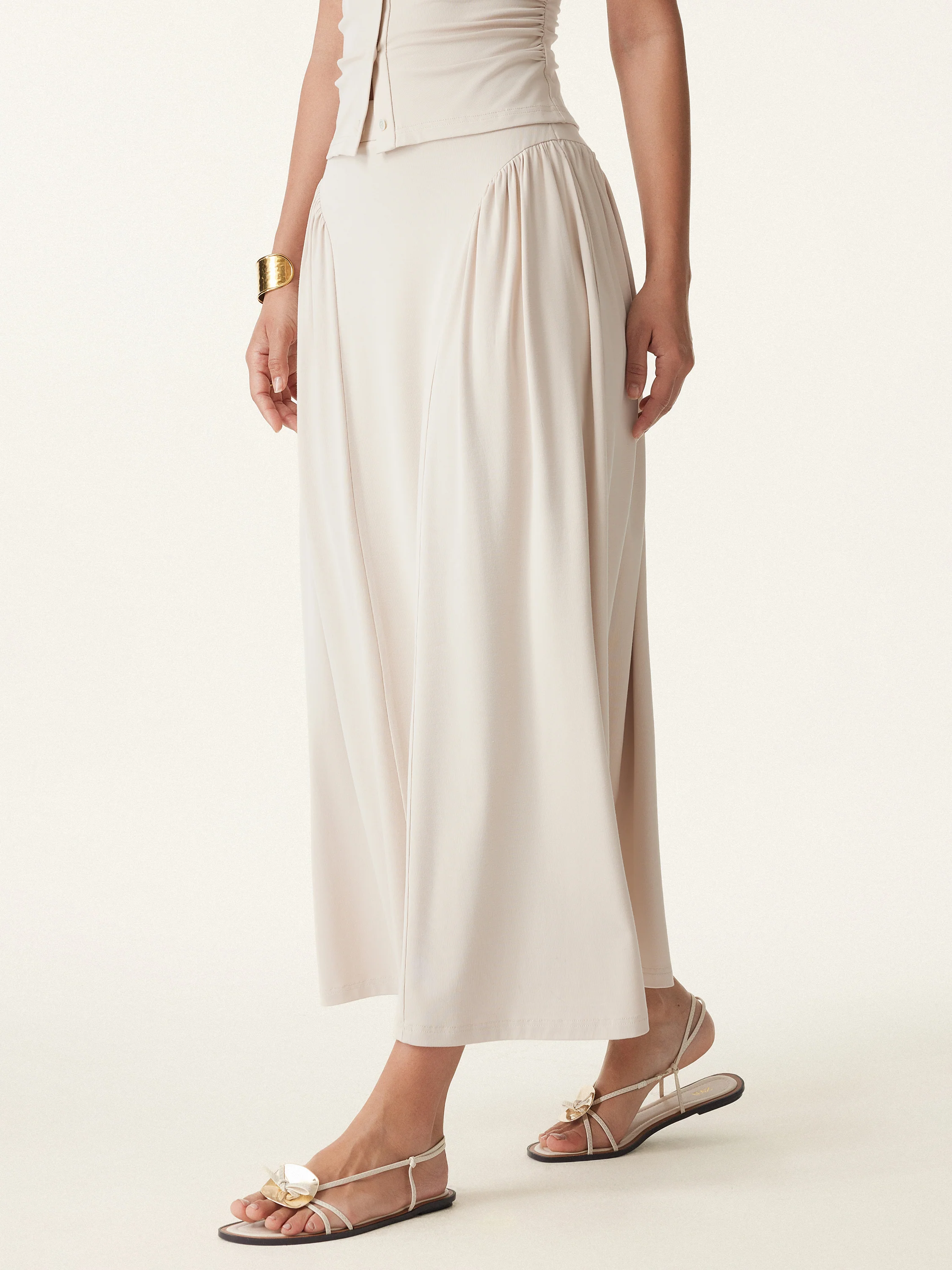 Curved Gathering Flared Midi Skirt with Pockets - Image 8