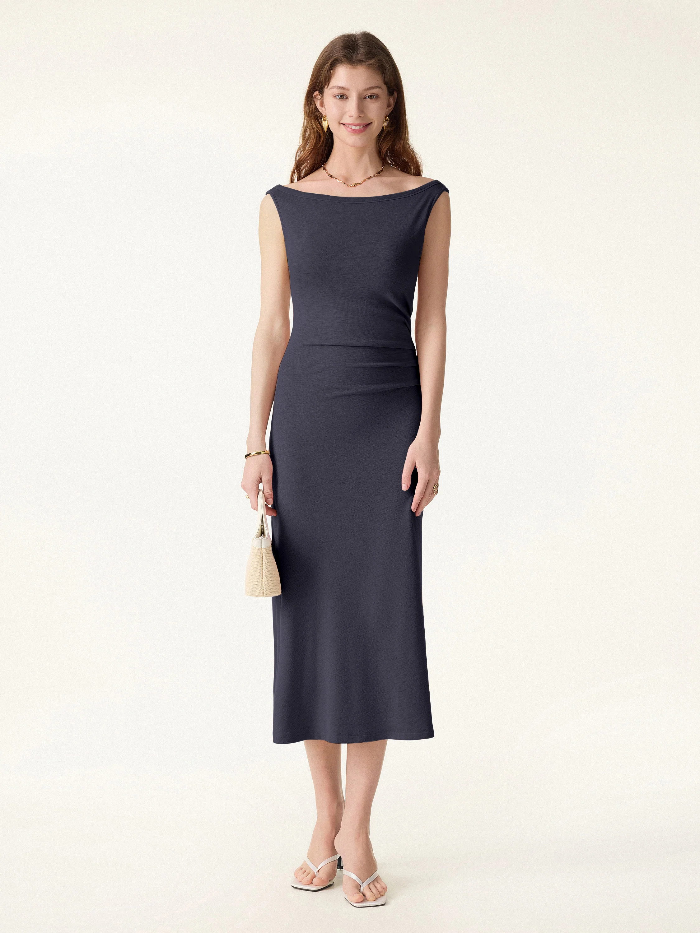 Elegant Boatneck Tucked Fit-and-Flare Midi Bra Dress