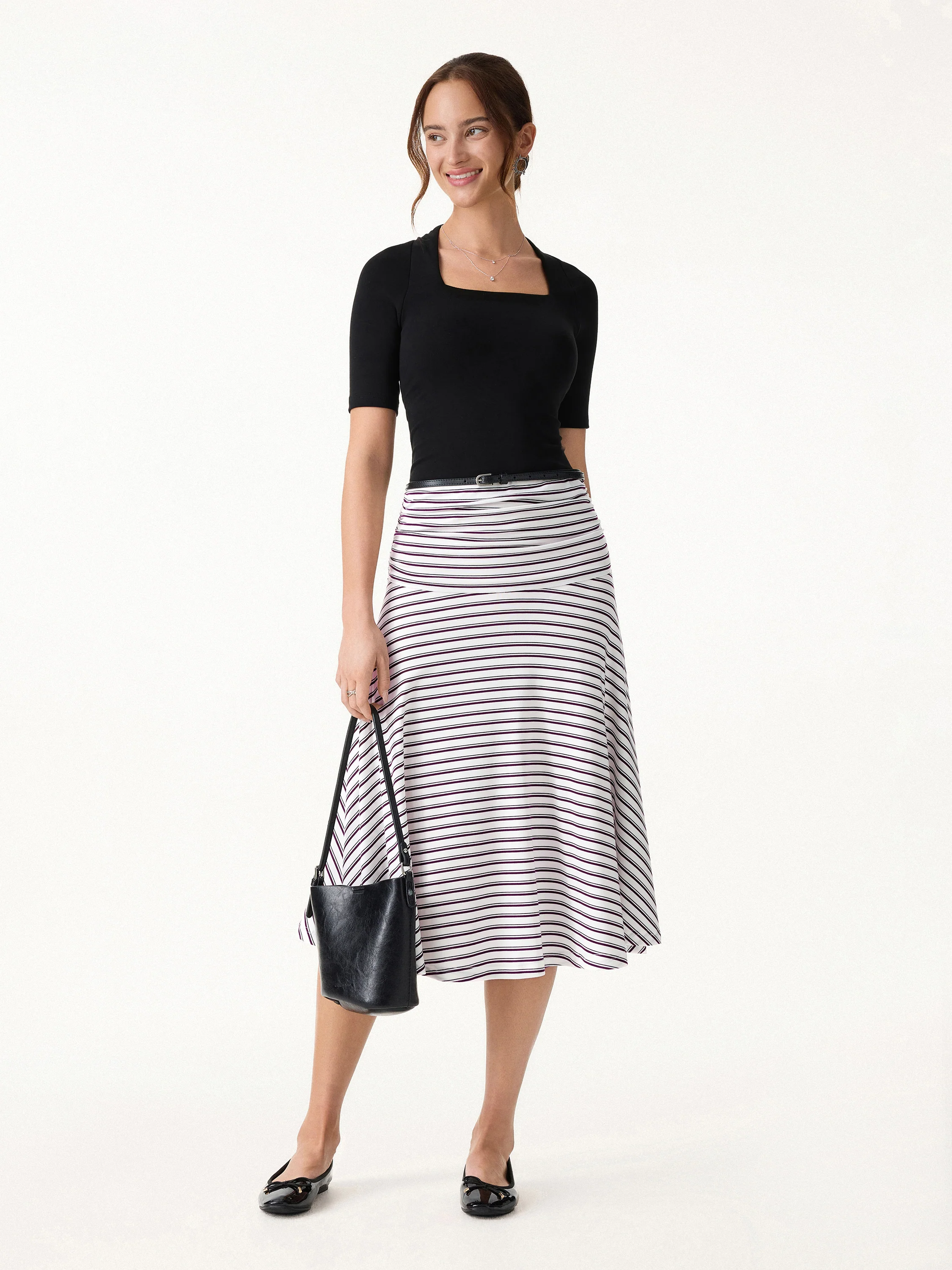 Flowy Striped Circle Flare Ruched Midi Skirt - Image 3