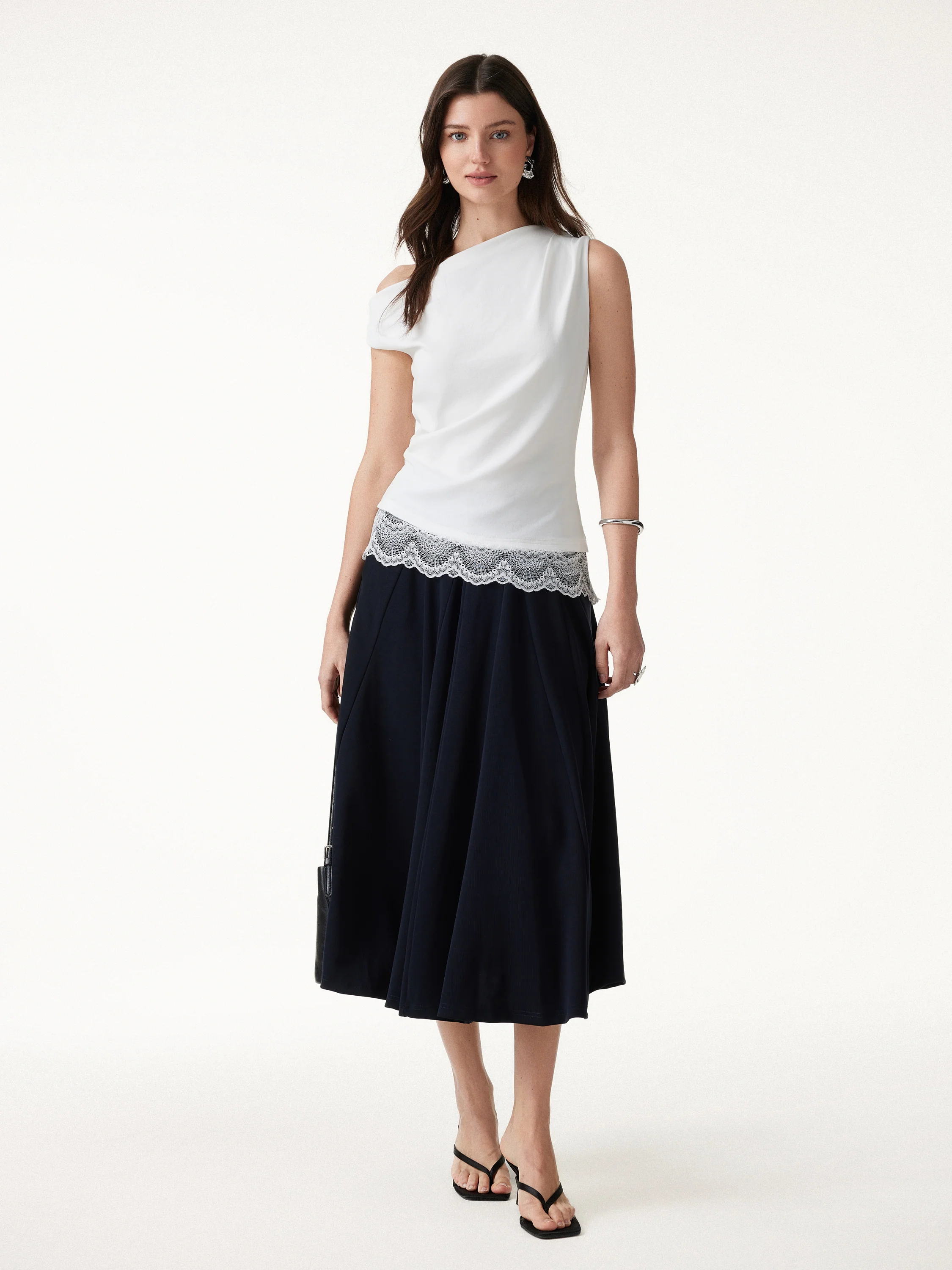 Lace Trim Cotton Lyocell Asymmetrical Shoulder Top - Image 11