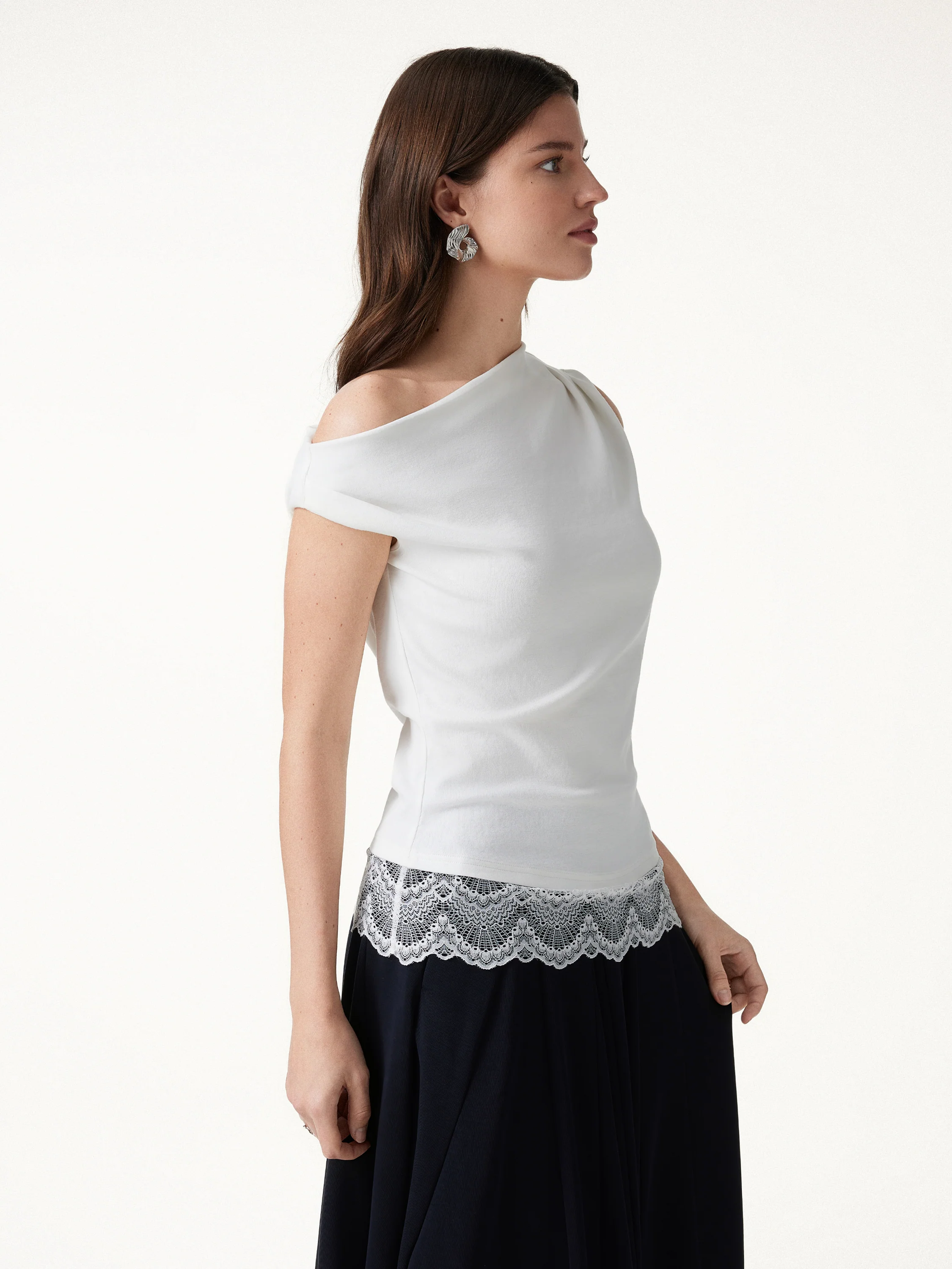 Lace Trim Cotton Lyocell Asymmetrical Shoulder Top - Image 12