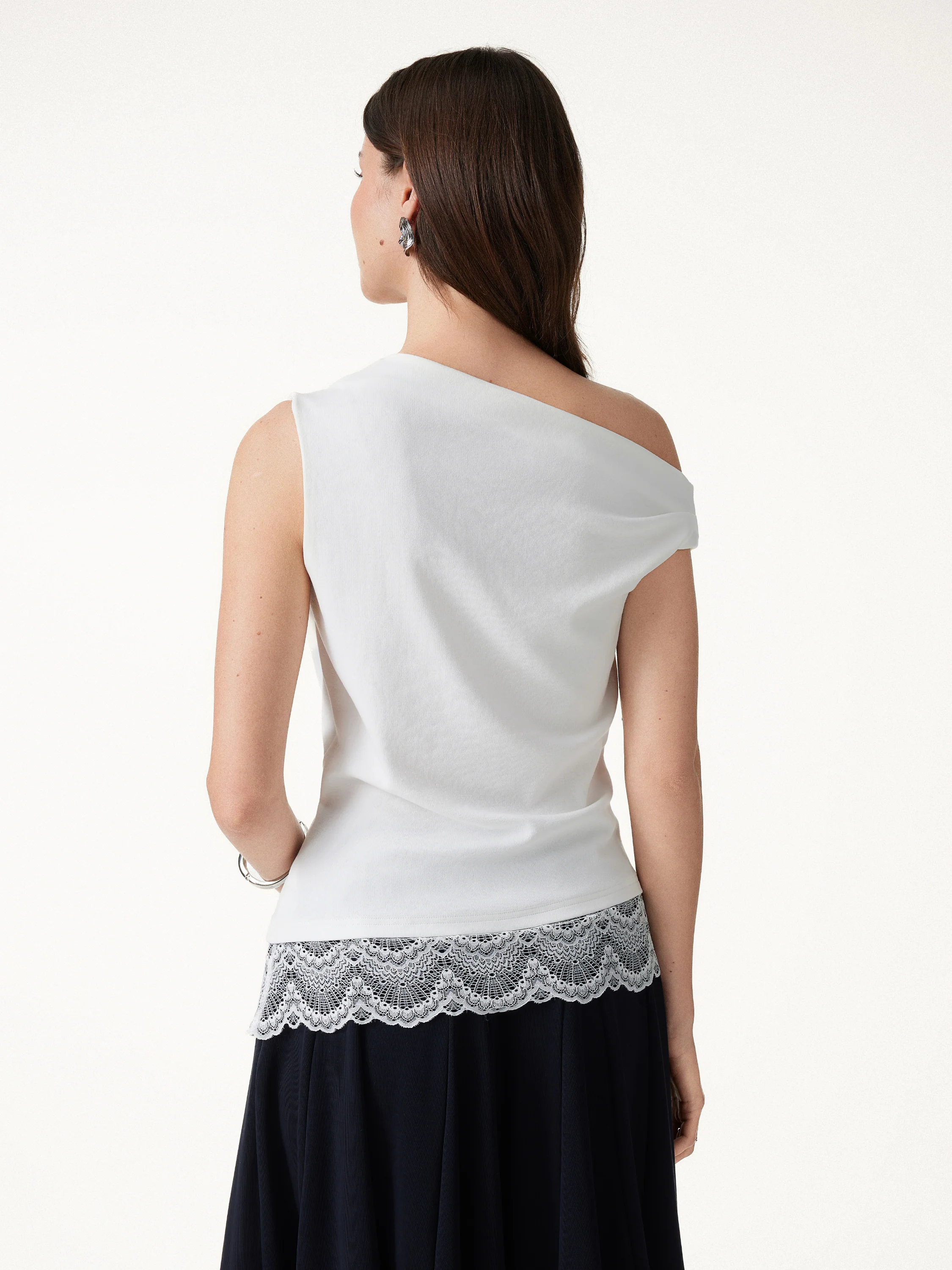 Lace Trim Cotton Lyocell Asymmetrical Shoulder Top - Image 13