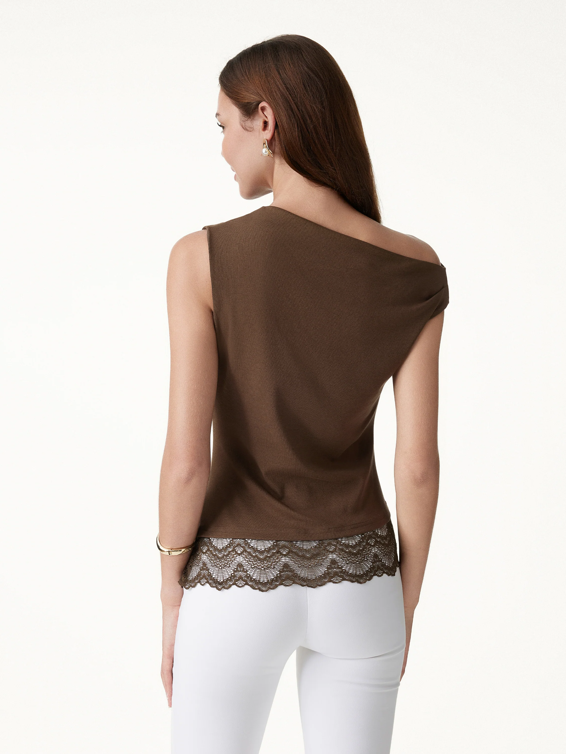 Lace Trim Cotton Lyocell Asymmetrical Shoulder Top - Image 5