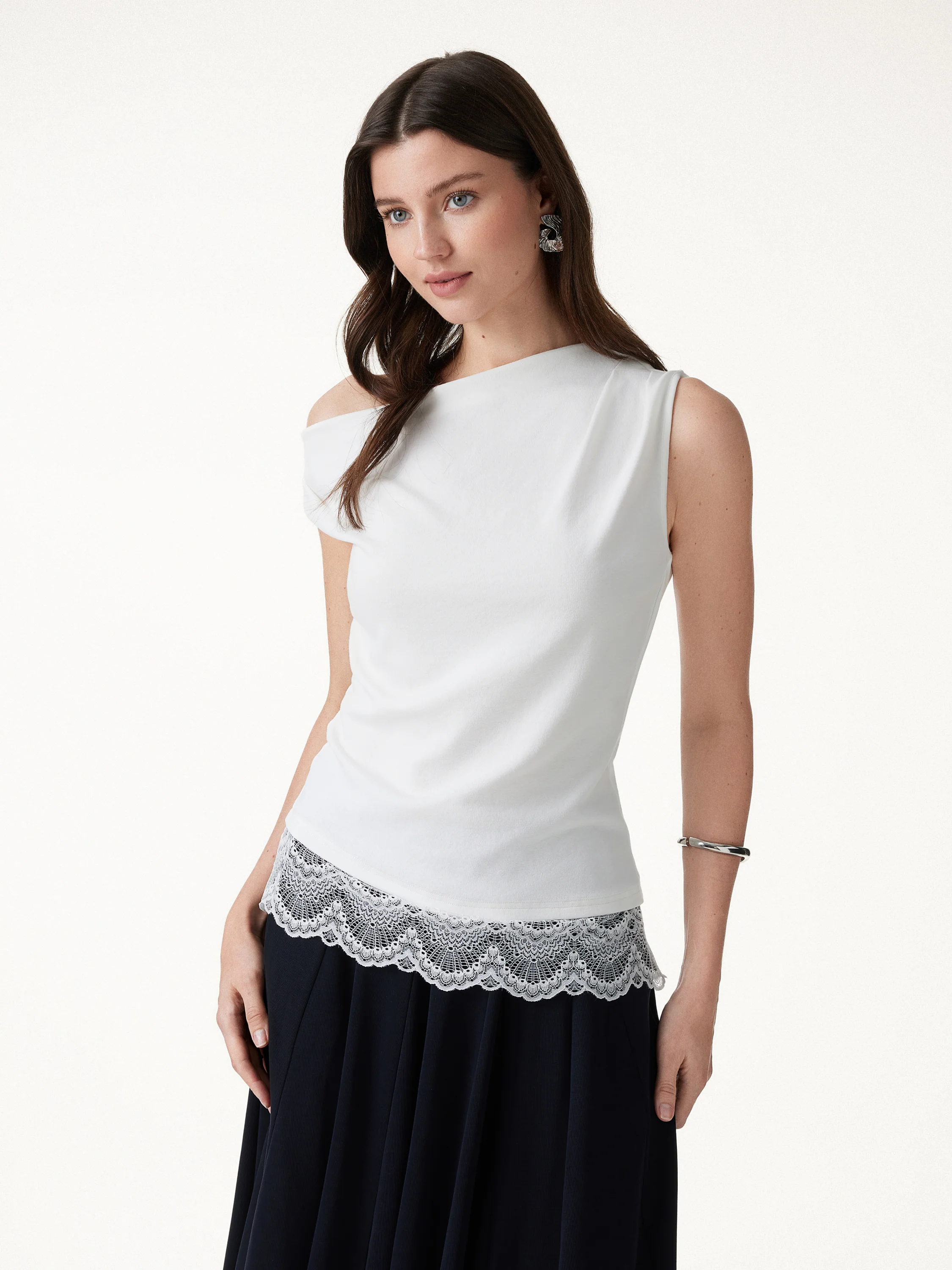 Lace Trim Cotton Lyocell Asymmetrical Shoulder Top - Image 8
