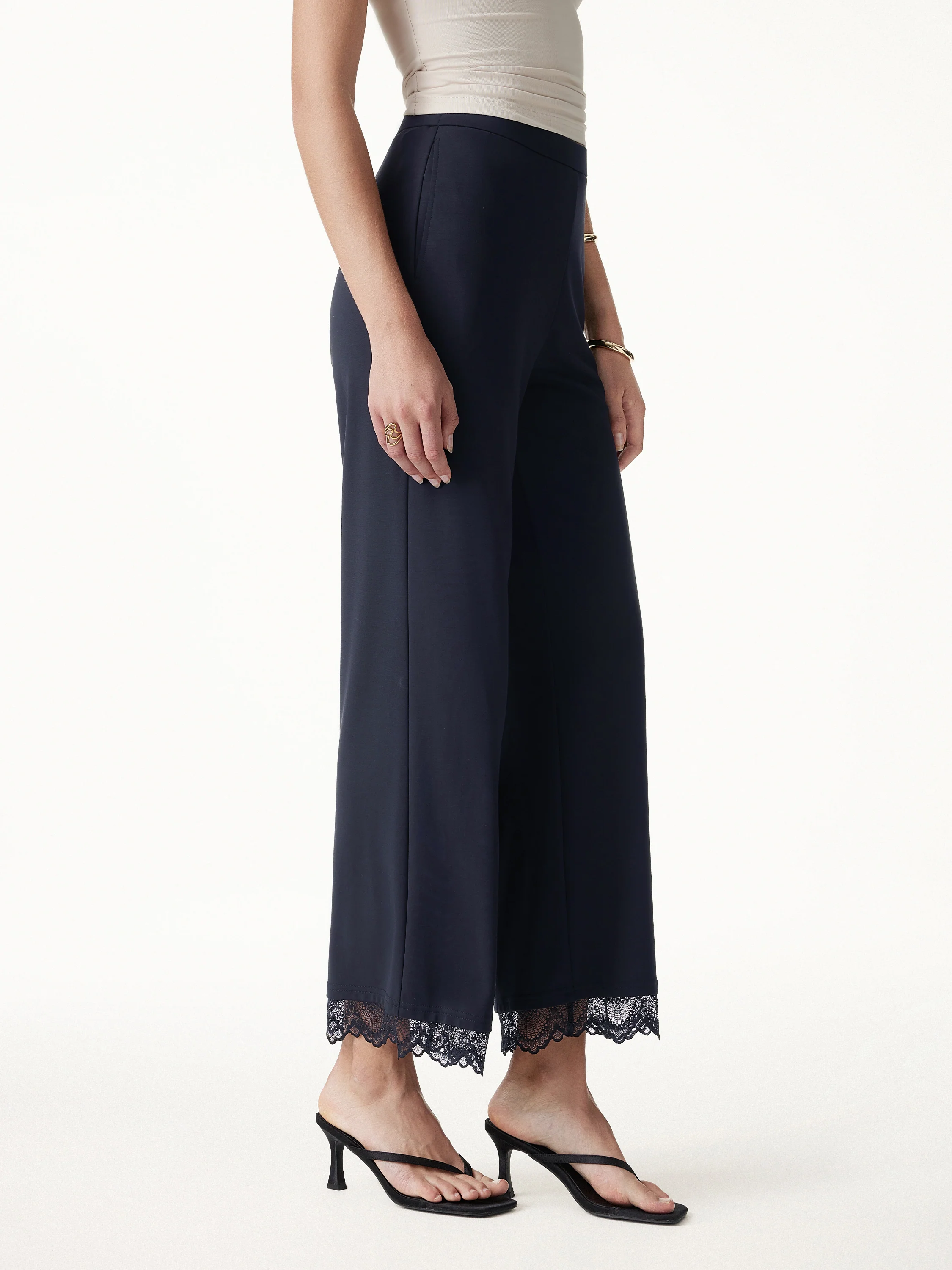 Lace Trim Draped Mid Rise Wide Leg Pants with Pockets - Image 10