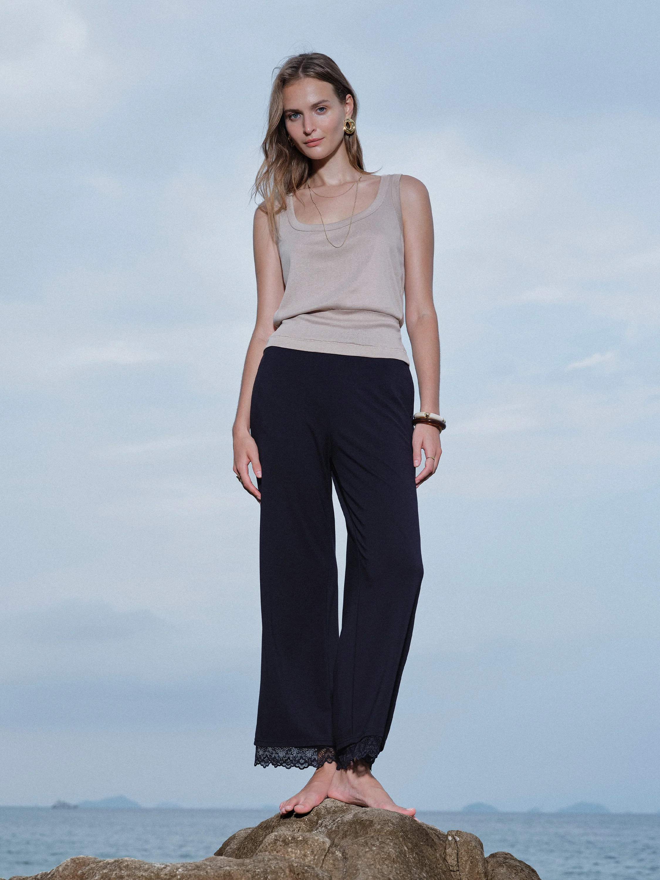 Lace Trim Draped Mid Rise Wide Leg Pants with Pockets - Image 4