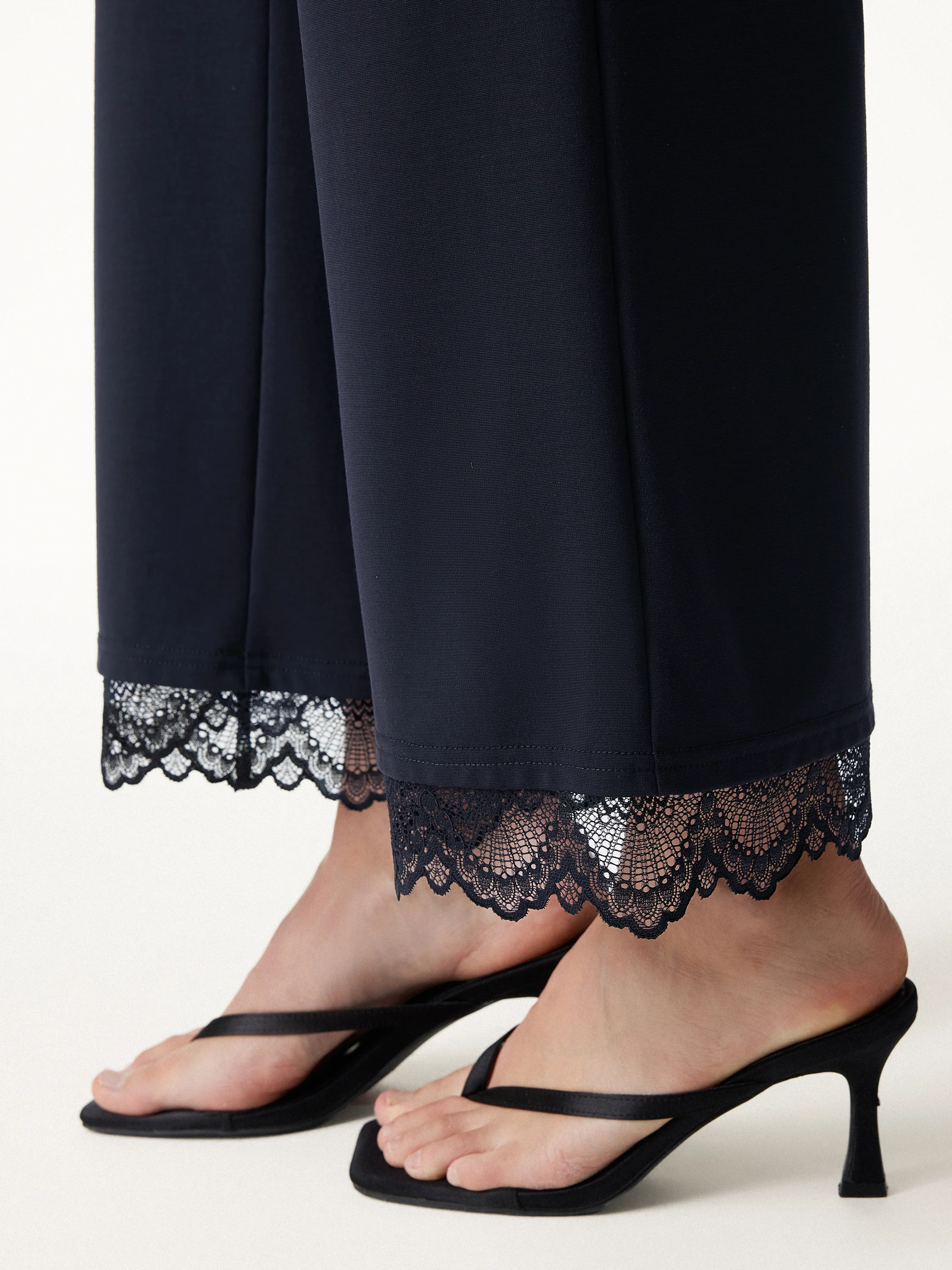 Lace Trim Draped Mid Rise Wide Leg Pants with Pockets - Image 5