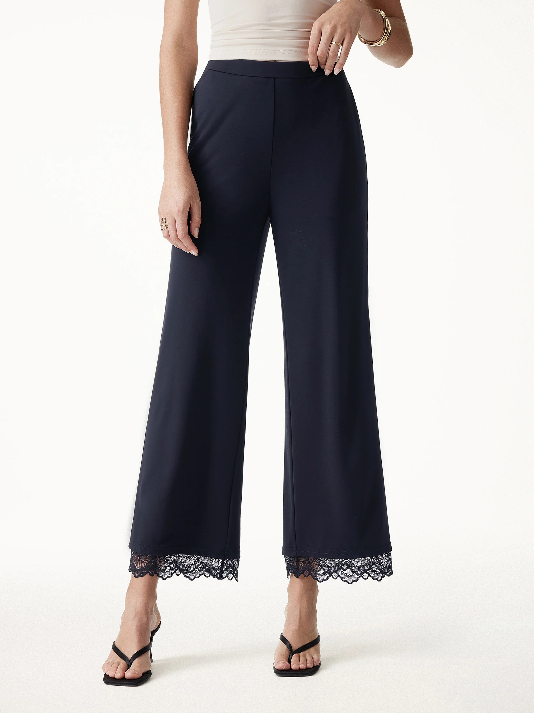Lace Trim Draped Mid Rise Wide Leg Pants with Pockets - Image 9