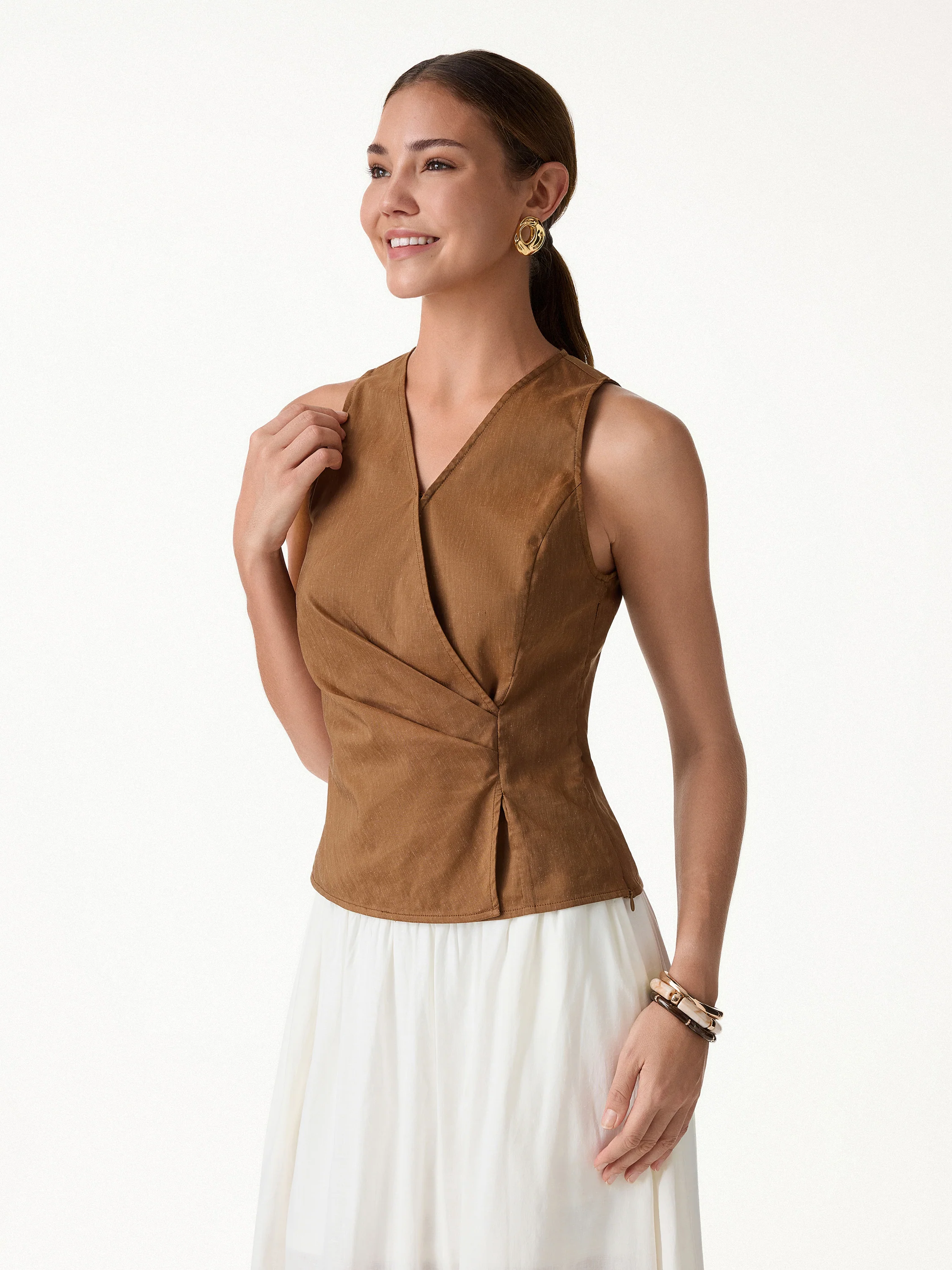 Linen Blend Surplice Top with Side Twist - Image 6
