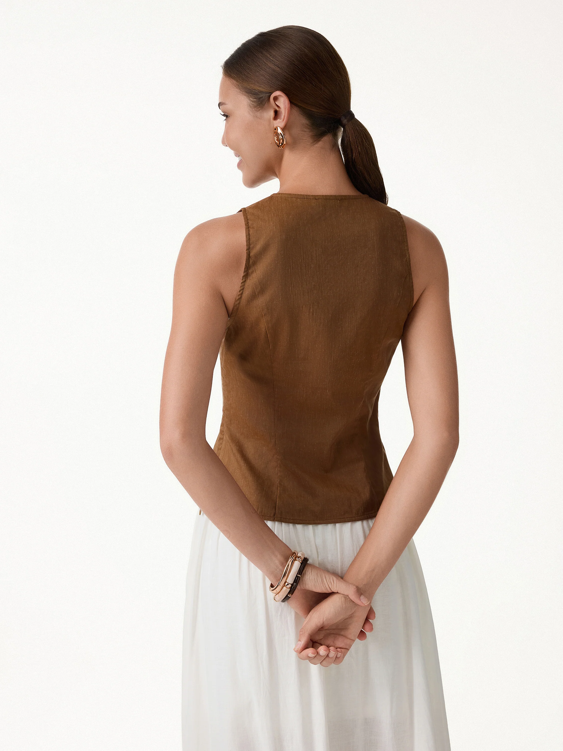Linen Blend Surplice Top with Side Twist - Image 8