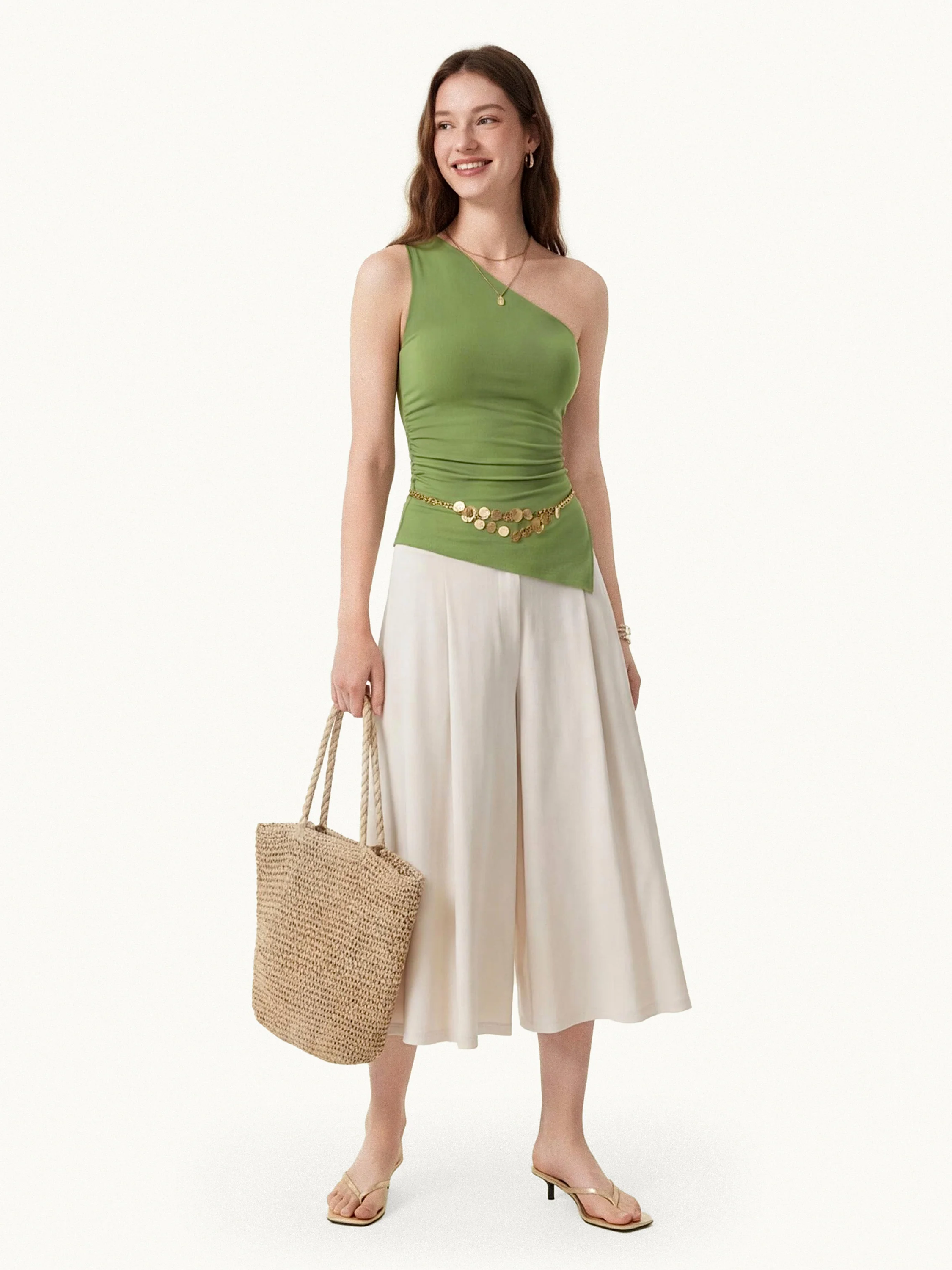 Linen Knit One Shoulder Bra Tank - Image 2
