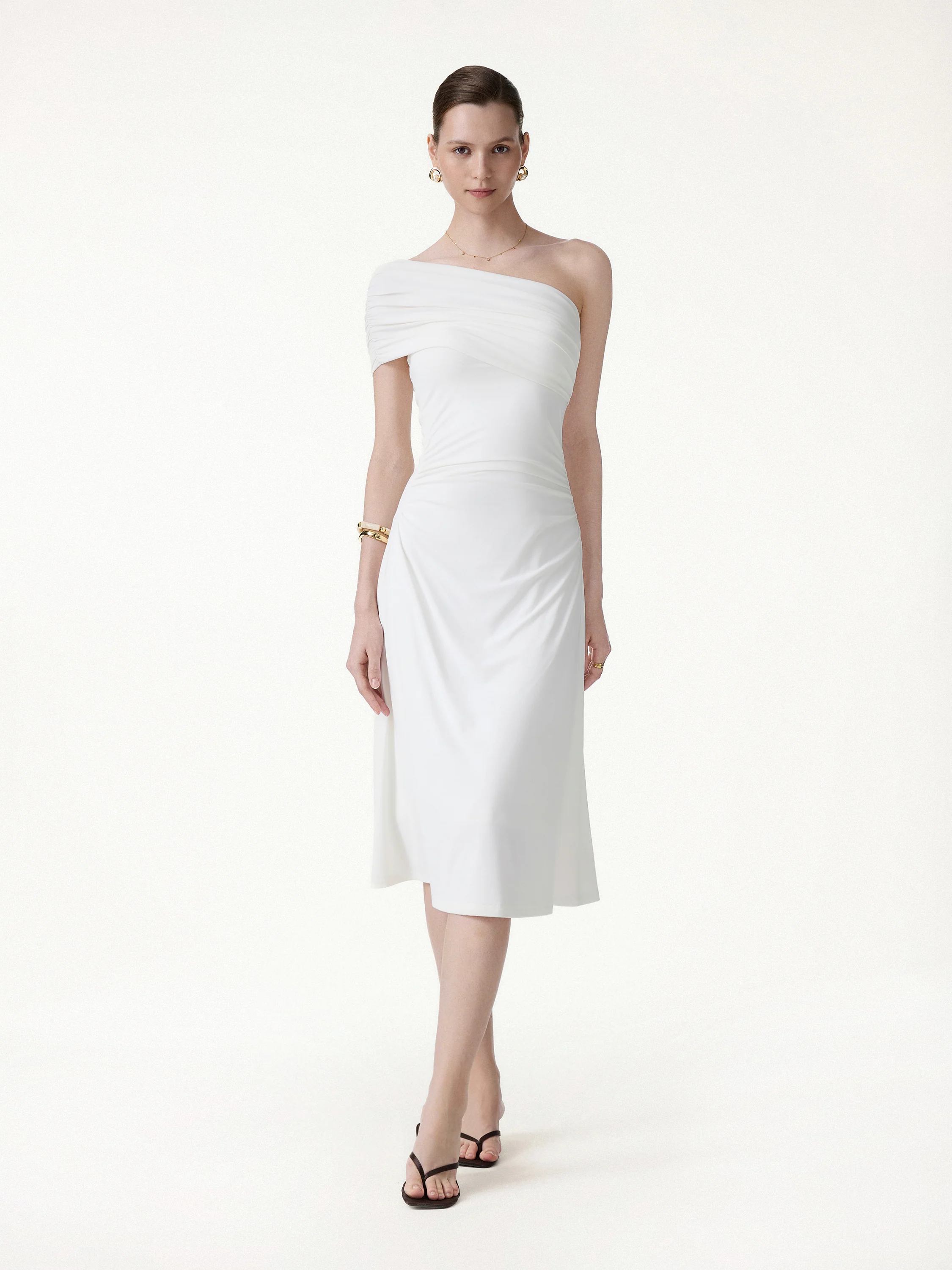 Not-See-Thru One Shoulder Gathered Midi Bra Dress - Image 5