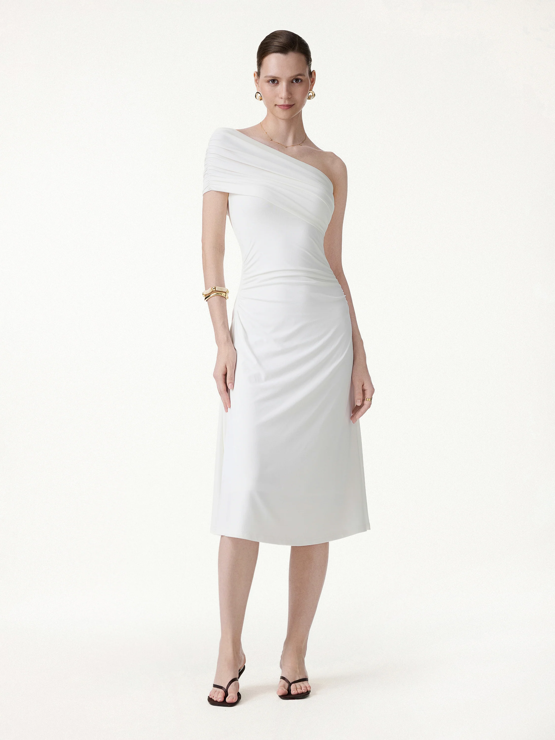 Not-See-Thru One Shoulder Gathered Midi Bra Dress - Image 6