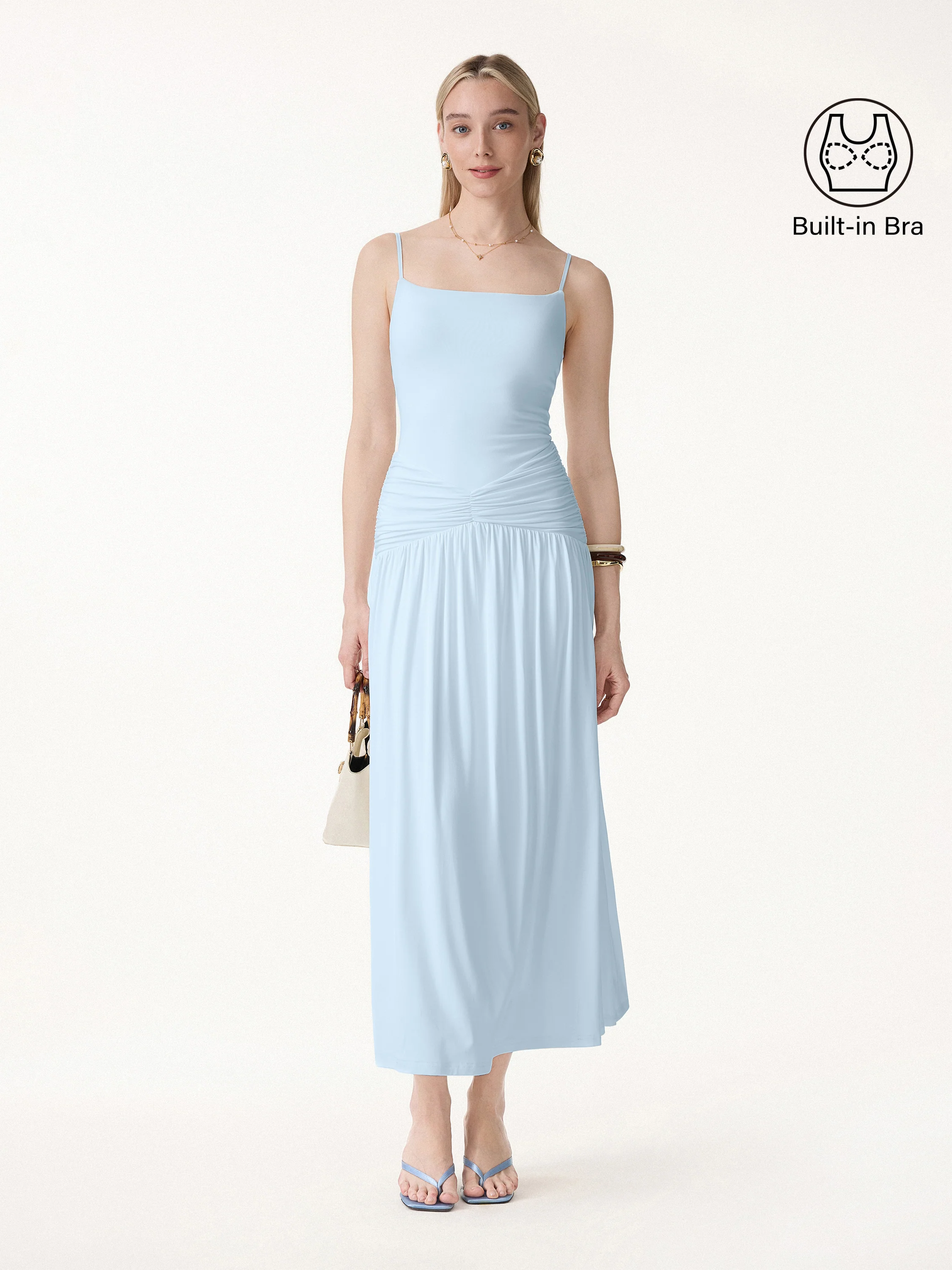 Not-See-Thru Spaghetti Gathered Maxi Bra Dress - Image 3