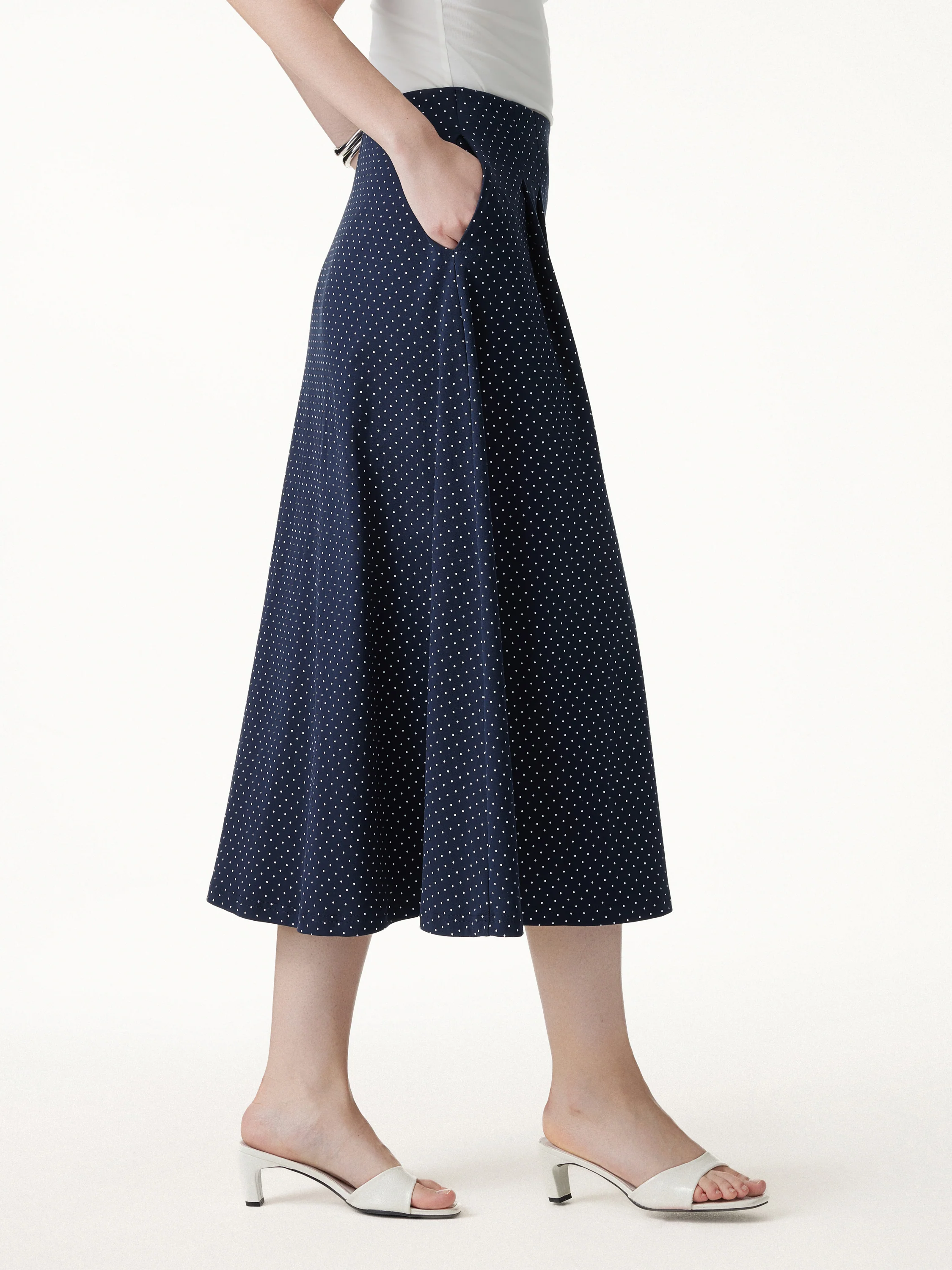 Polka Dots Flared Midi Skirt with Pockets
