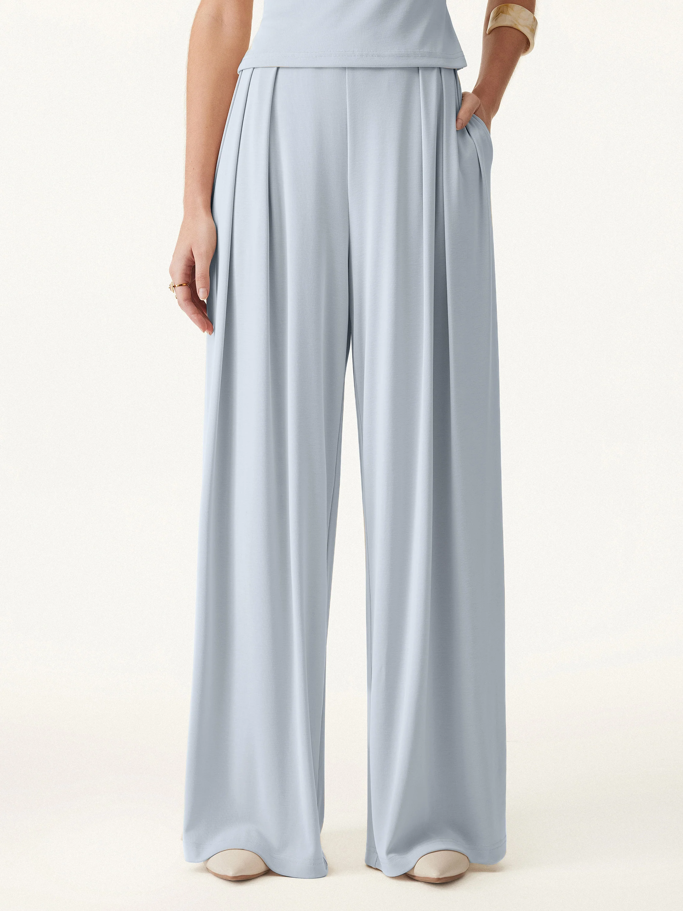Sandwashed Mid Rise Pleated Wide Leg Palazzo Pant with Pockets - Image 15
