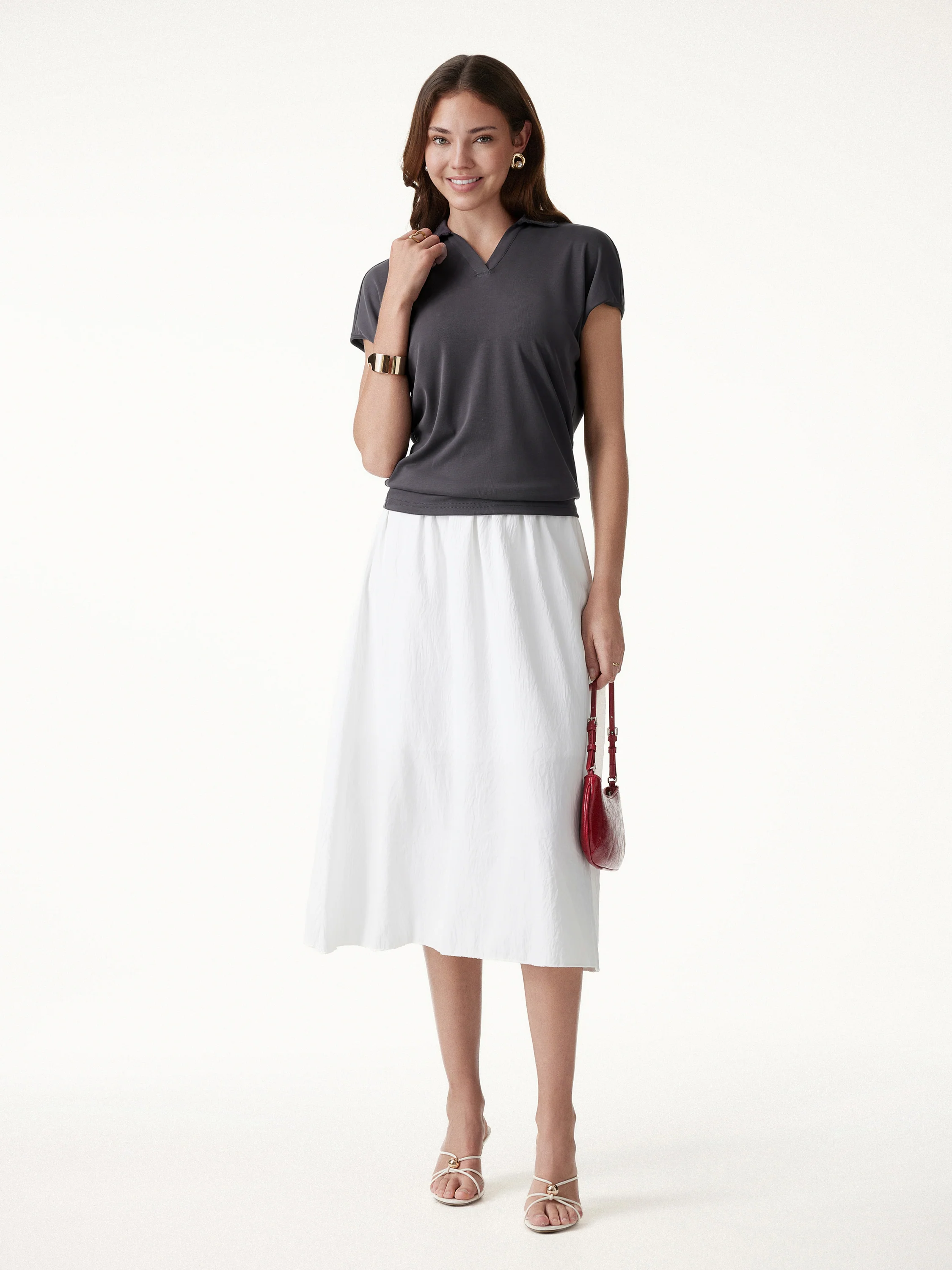 Sandwashed Modal Polo Neck Cap Sleeve Top - Image 4