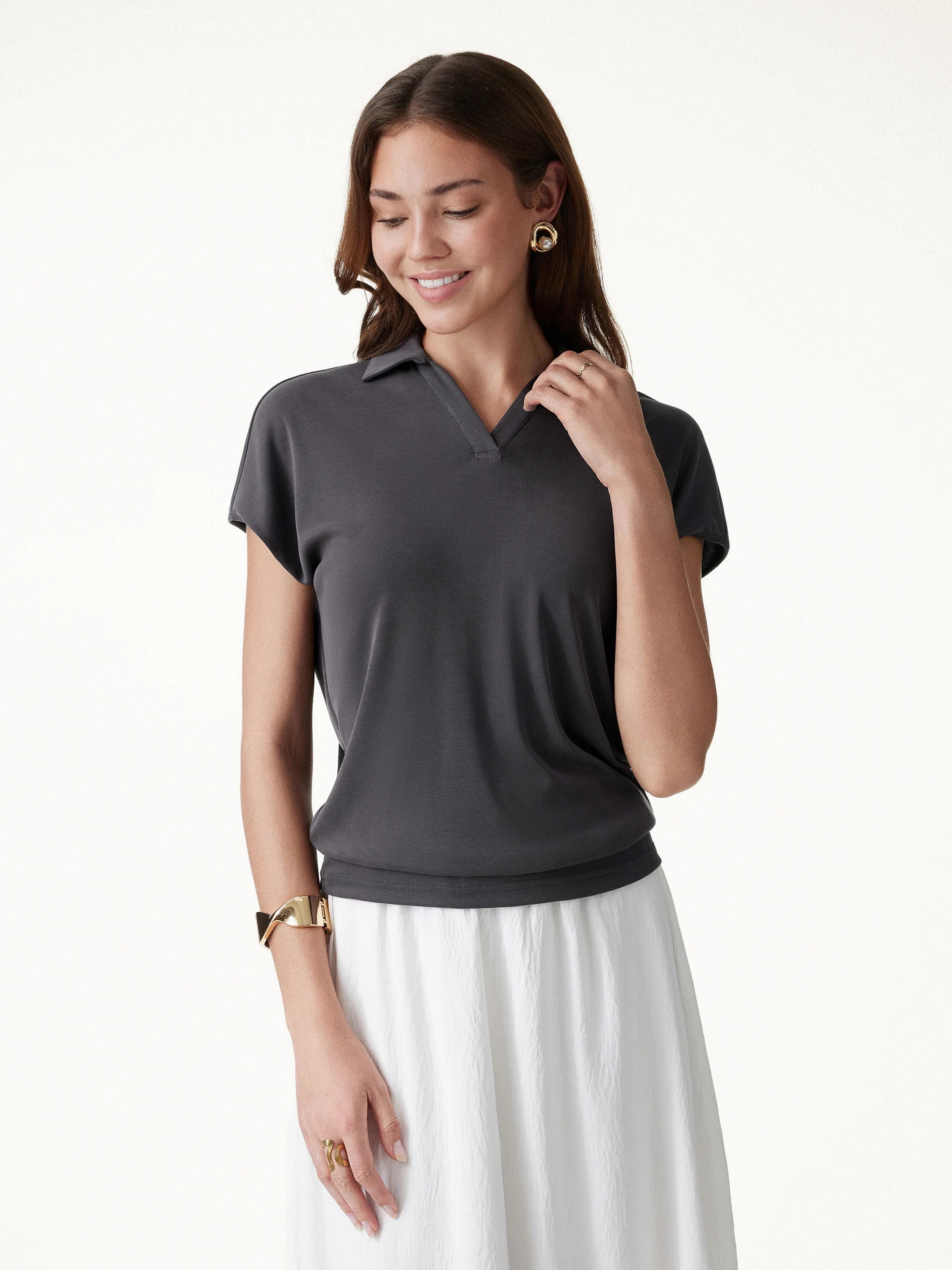 Sandwashed Modal Polo Neck Cap Sleeve Top - Image 5
