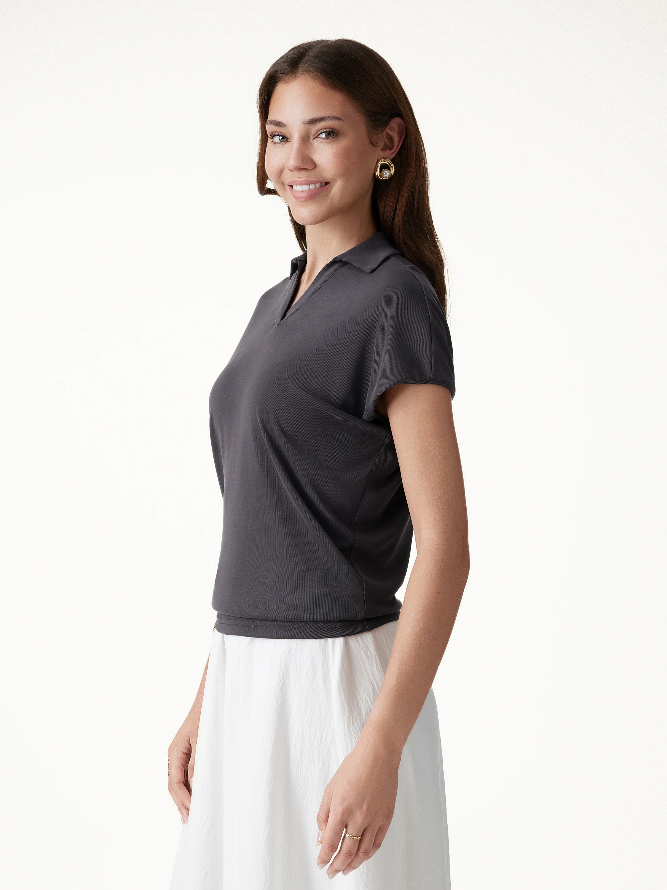 Sandwashed Modal Polo Neck Cap Sleeve Top - Image 6