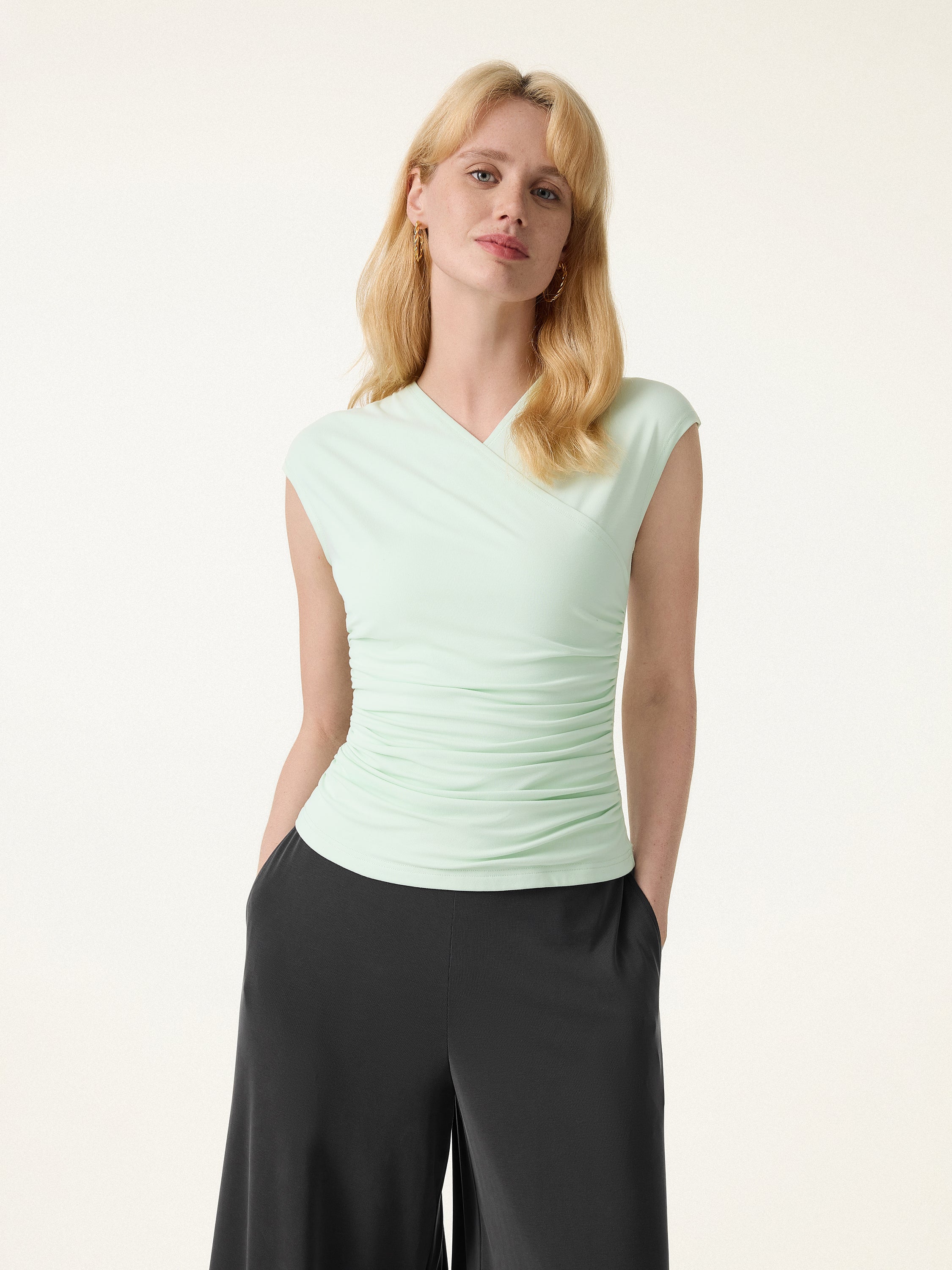SkinKiss Cooling Surplice Ruched Cap Sleeve Summer Top - Image 3