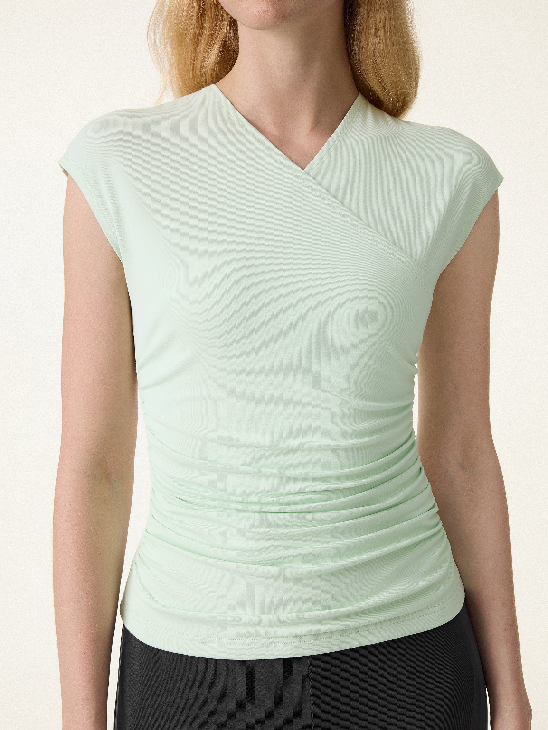 SkinKiss Cooling Surplice Ruched Cap Sleeve Summer Top - Image 4