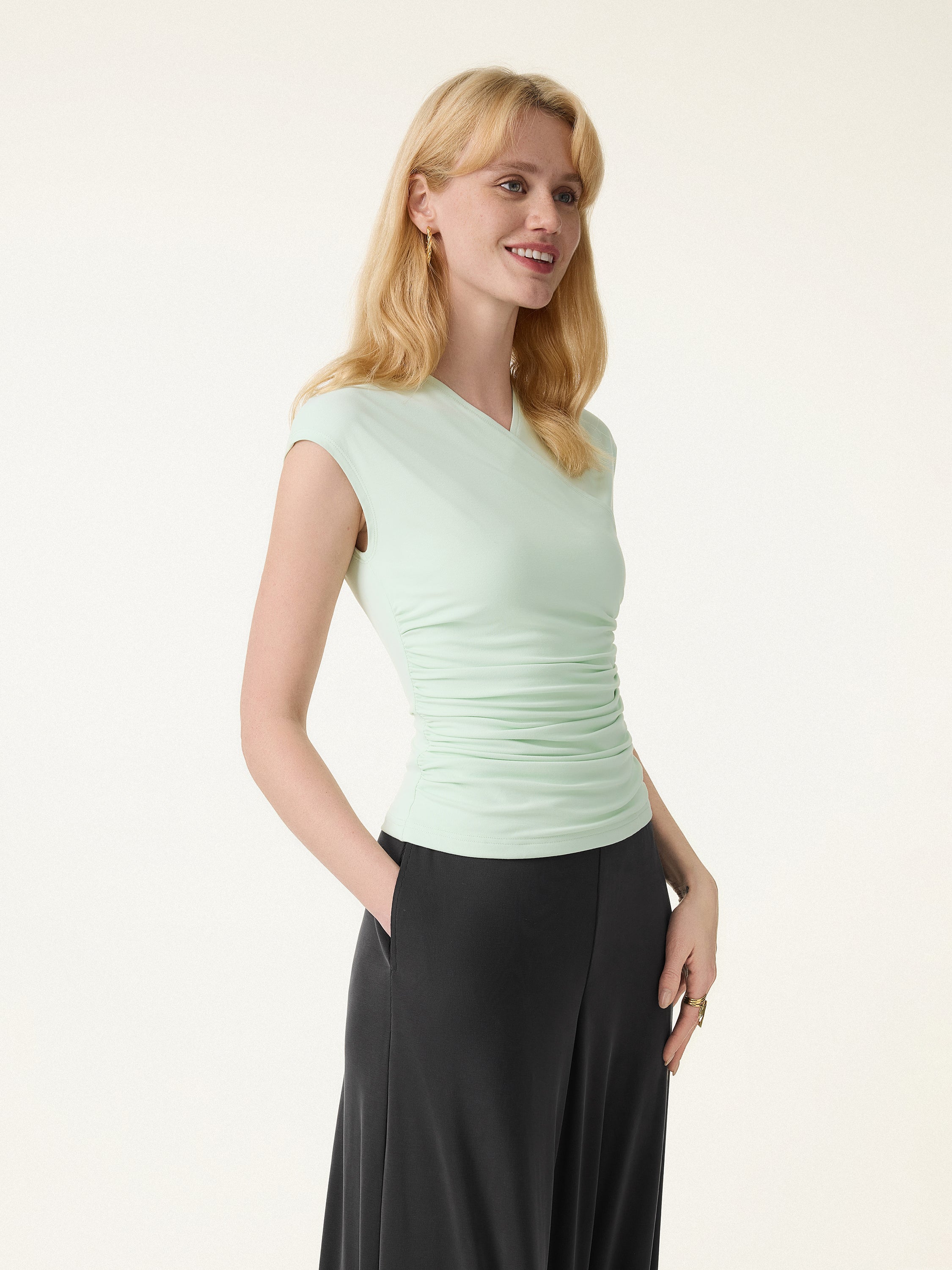 SkinKiss Cooling Surplice Ruched Cap Sleeve Summer Top - Image 5