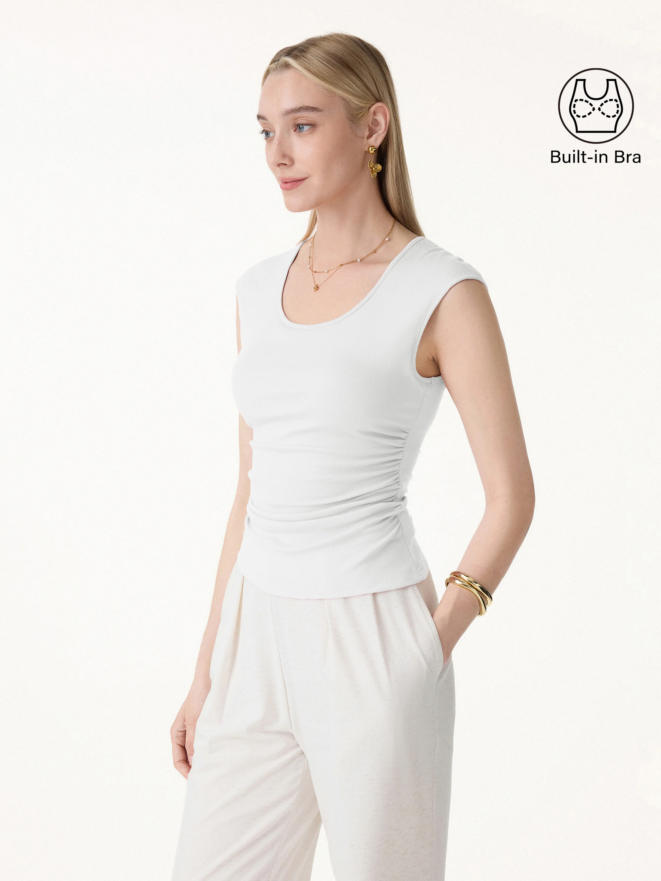 Soft Linen Knit Scoop Neck Ruched Bra Top