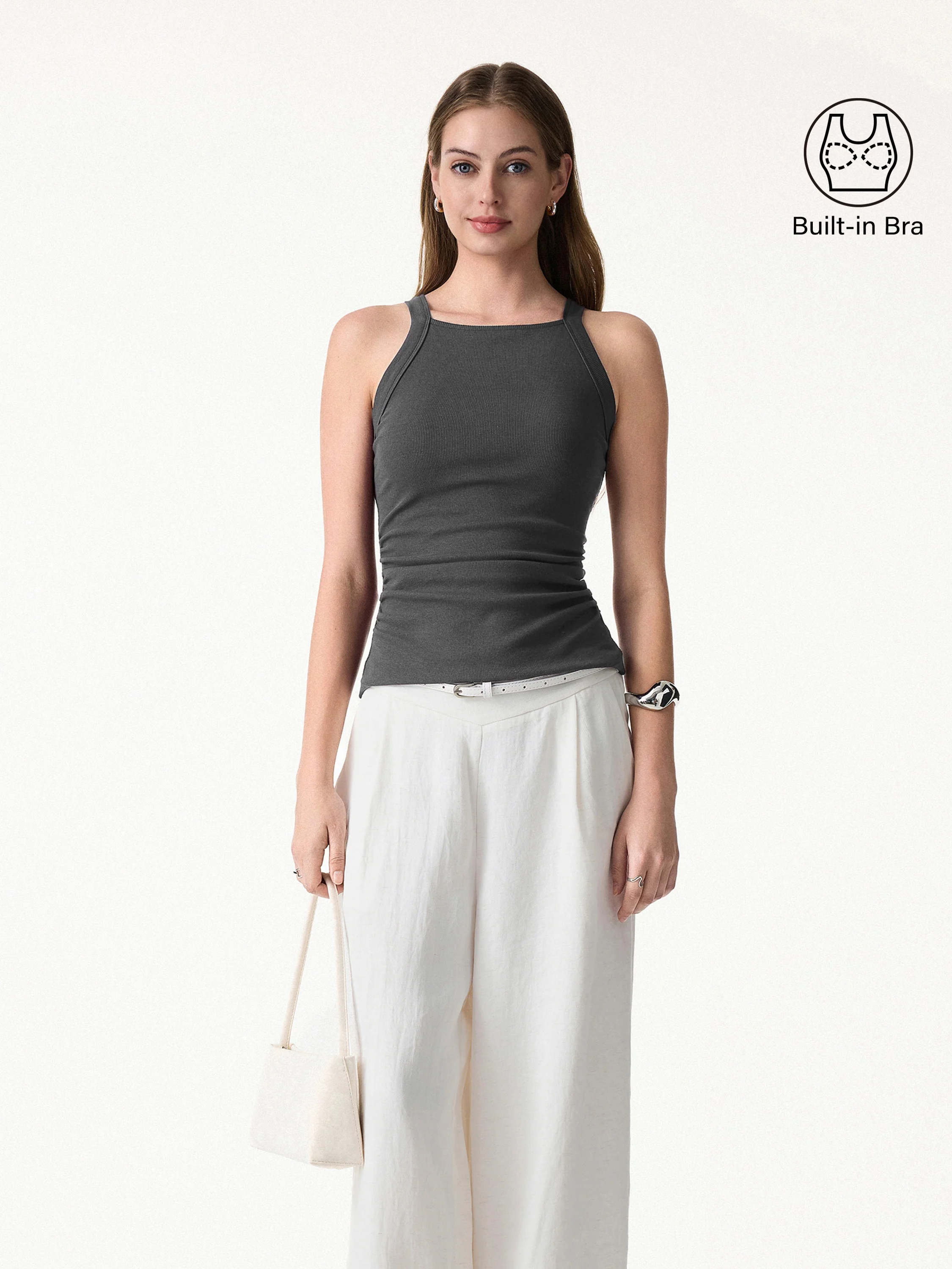 Square Neck Ruched Rib Bra Tank