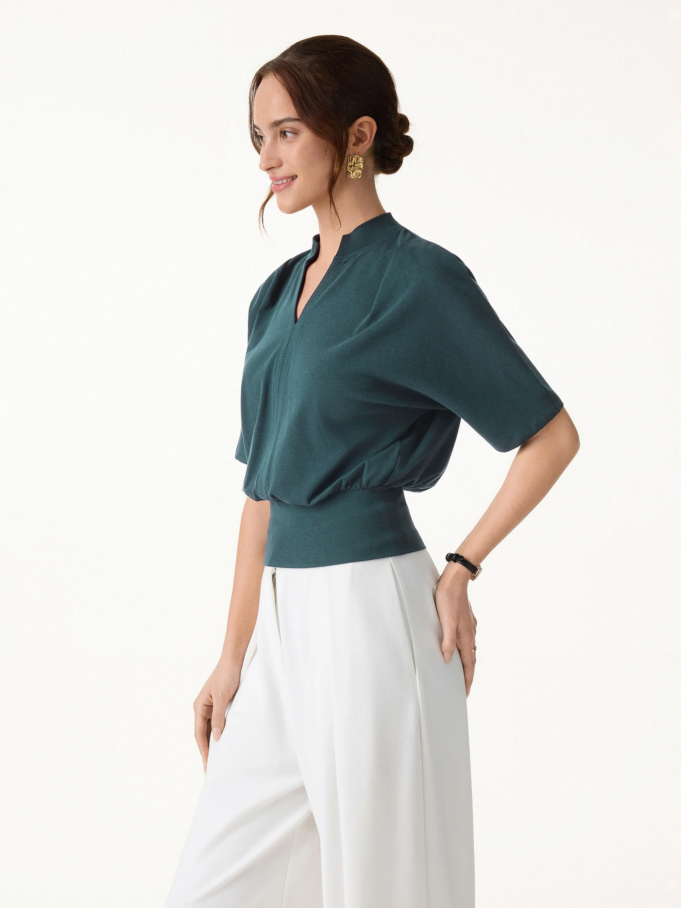 Stand Collar V-Neck Short Sleeve Top - Image 15