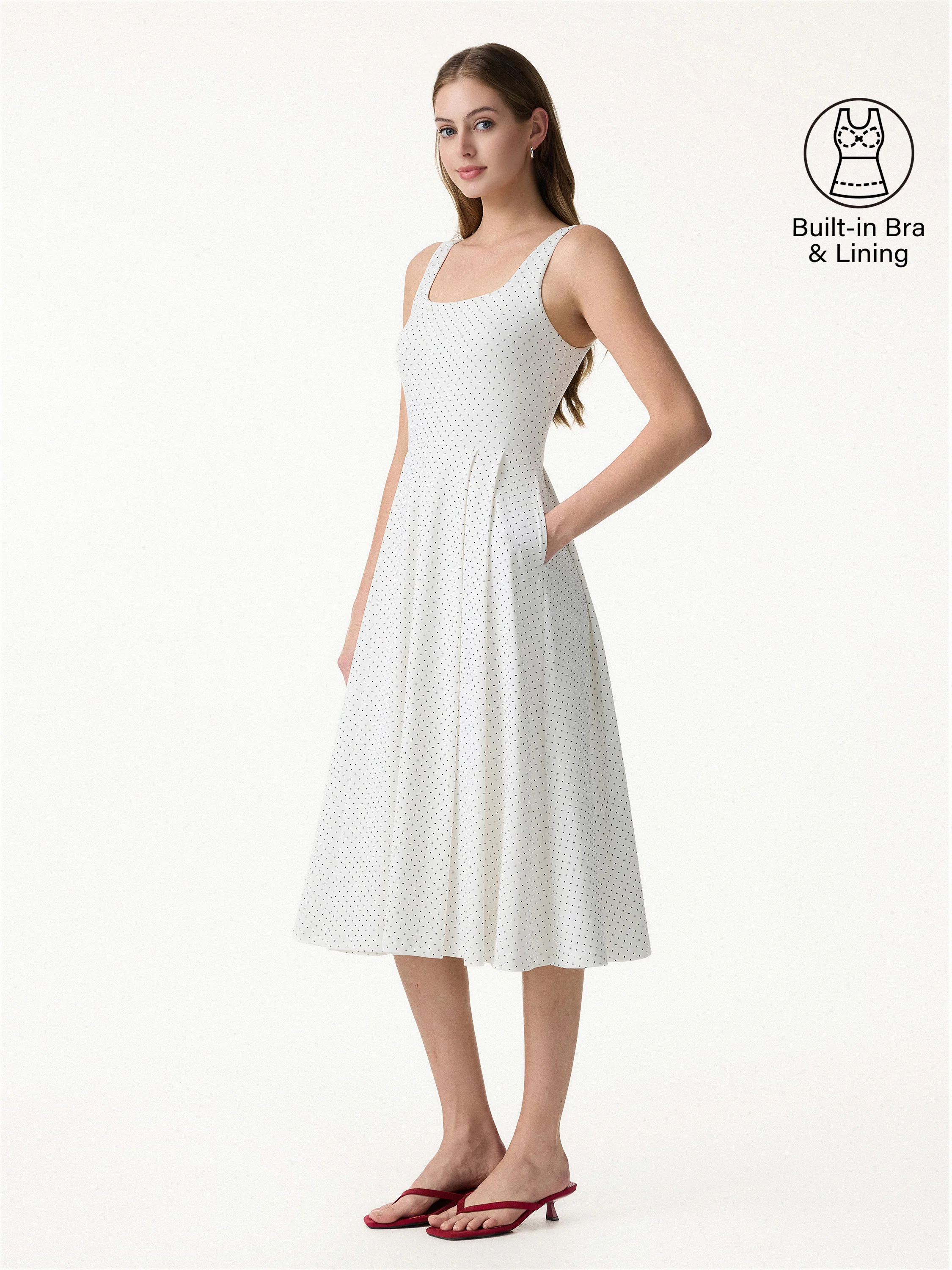 Stretch Cotton Polka Dot Square Neck Midi Bra Dress with Pockets Limited Edition