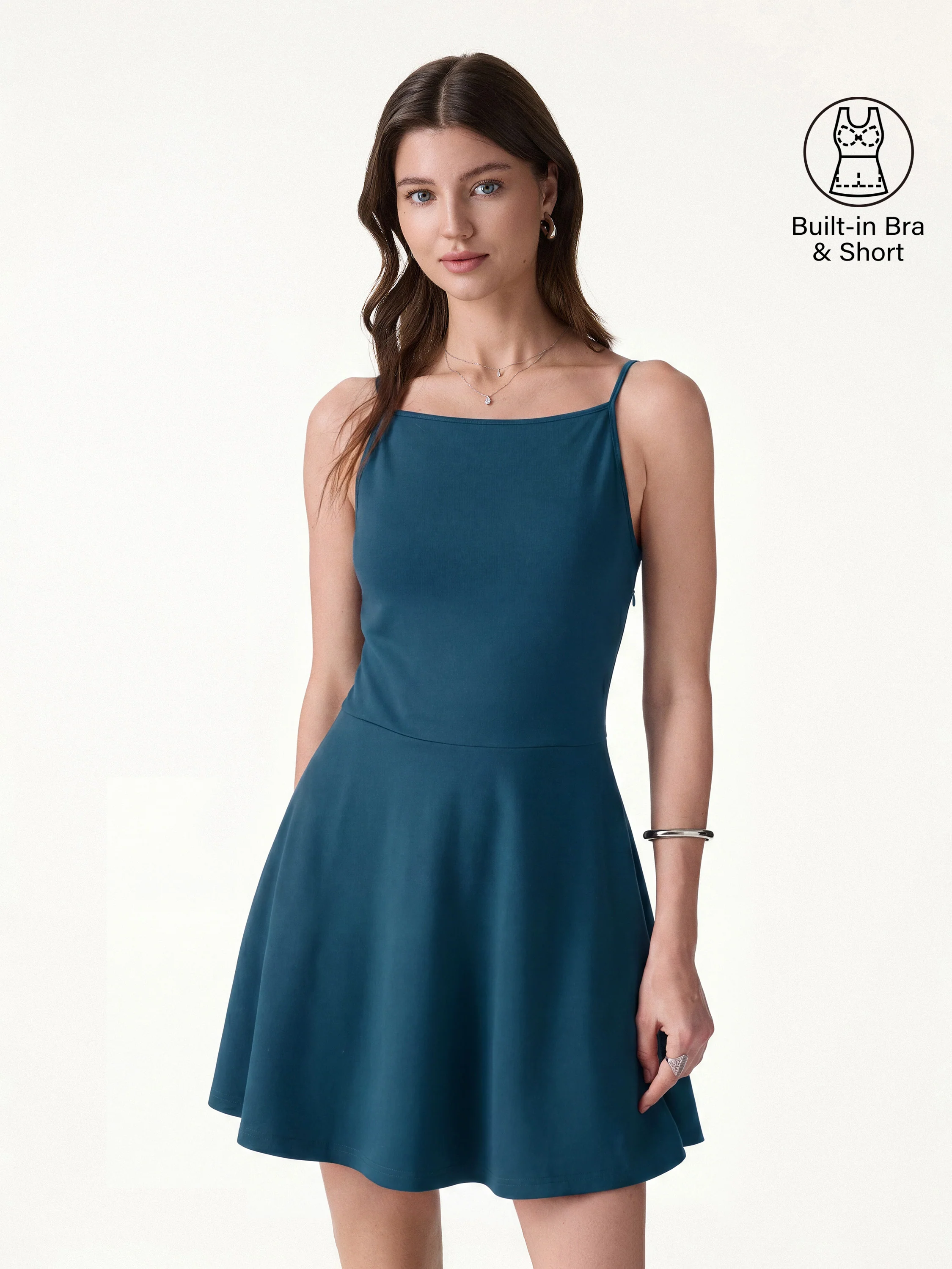 Stretch Ponte Square Neck Mini A-Line Bra Dress with Pockets