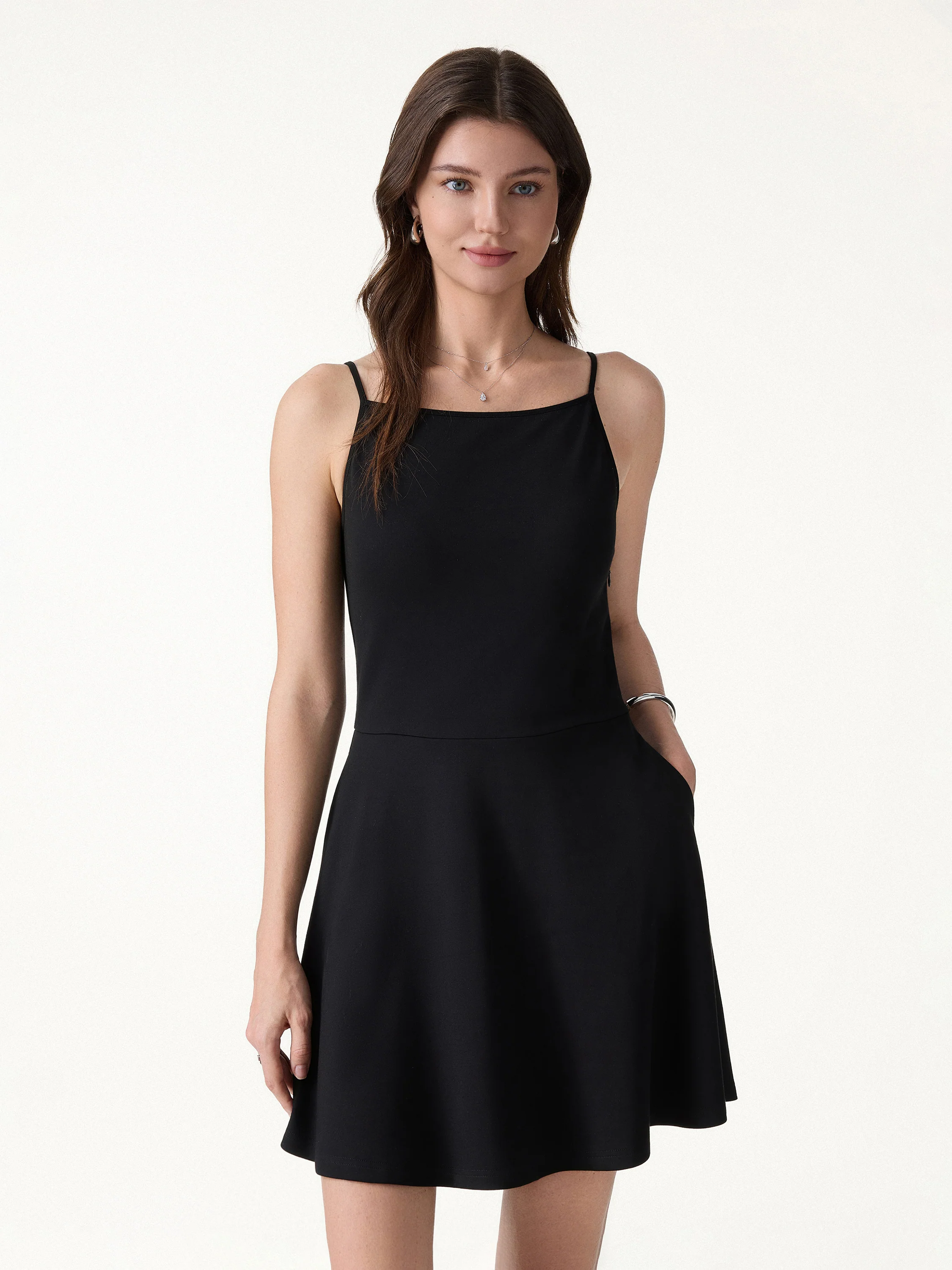 Stretch Ponte Square Neck Mini A-Line Bra Dress with Pockets - Image 7