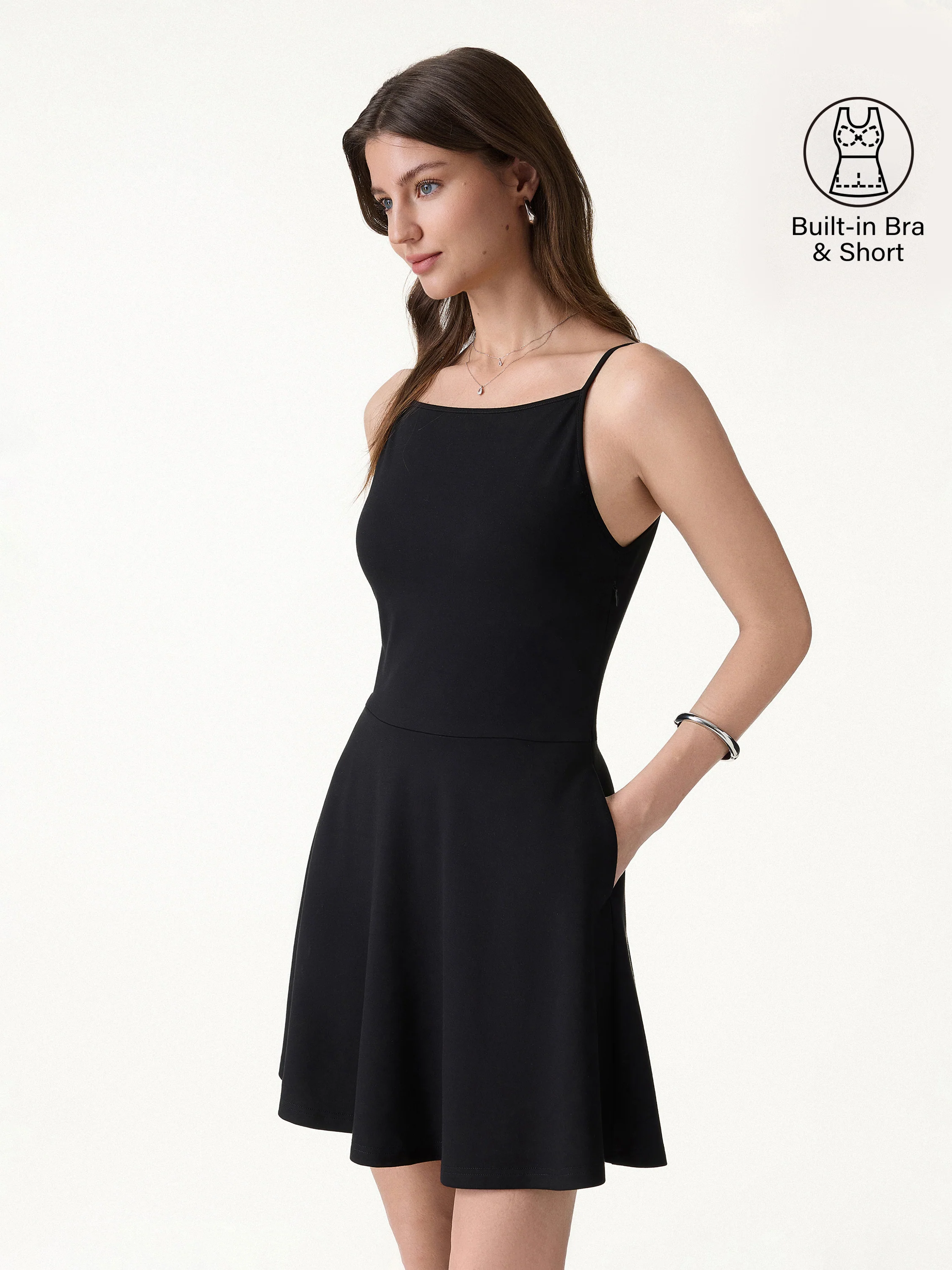 Stretch Ponte Square Neck Mini A-Line Bra Dress with Pockets - Image 9
