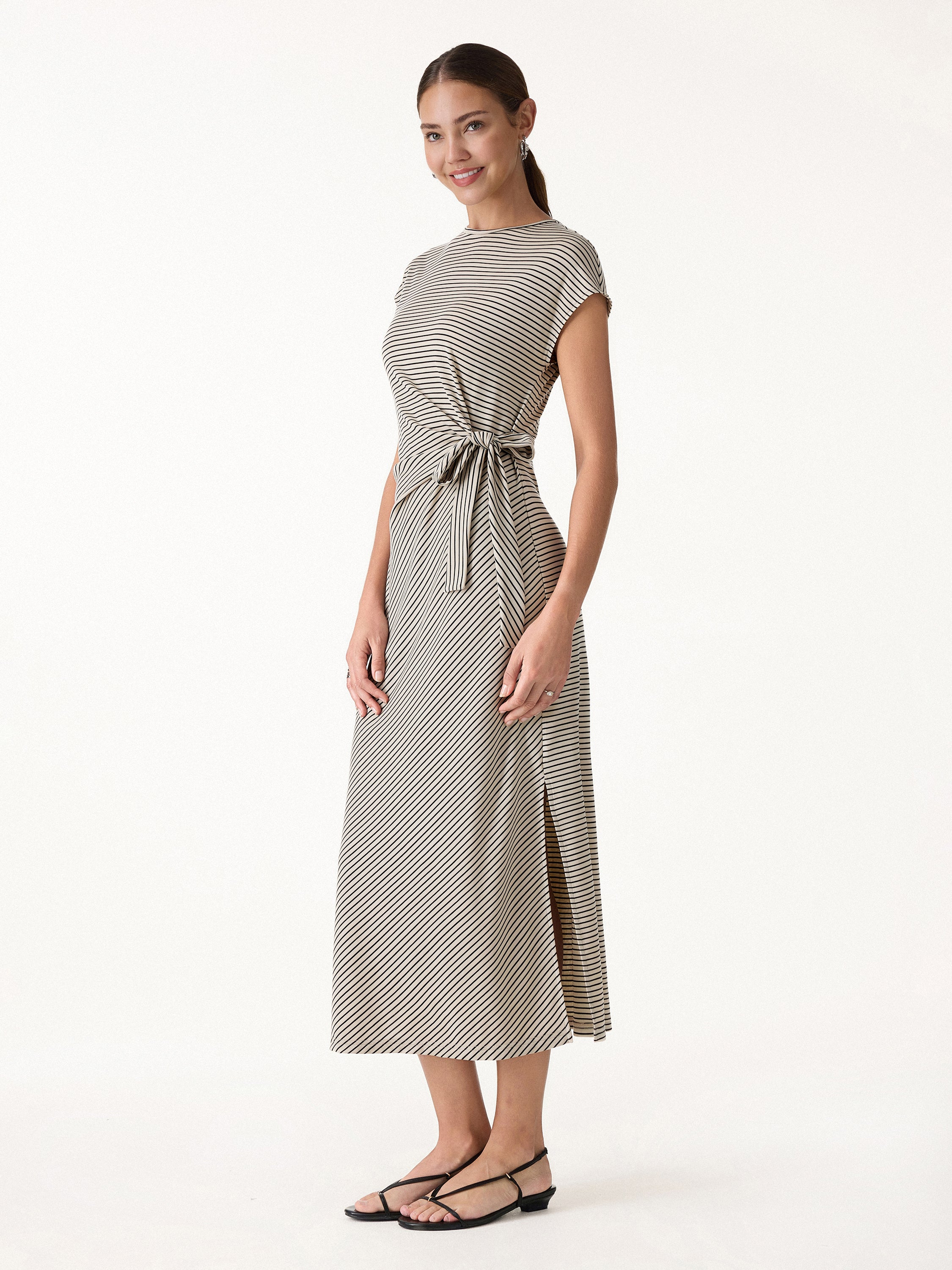 Striped Relaxed Midi Dress with Self-Tie - Image 3