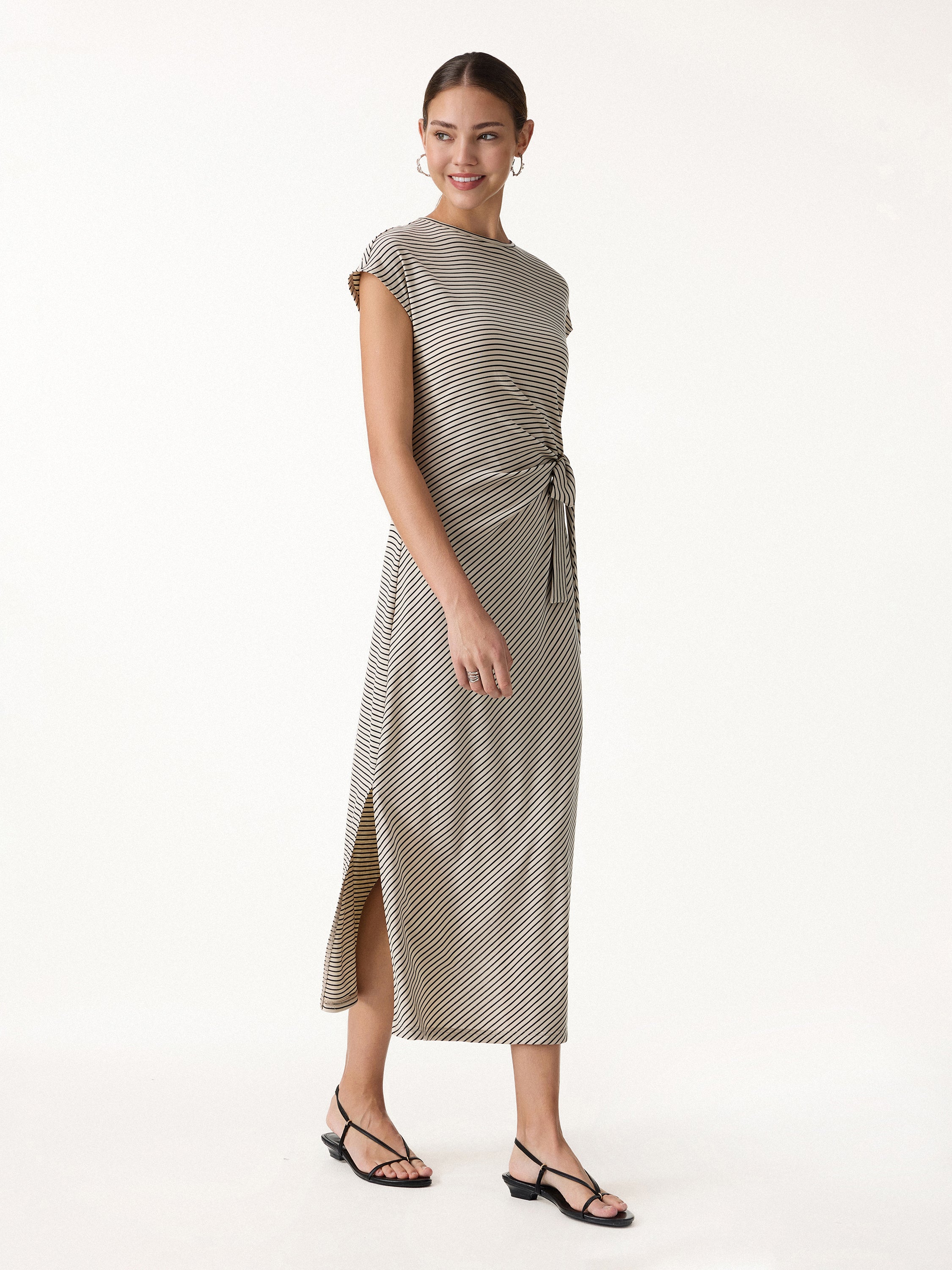 Striped Relaxed Midi Dress with Self-Tie - Image 9