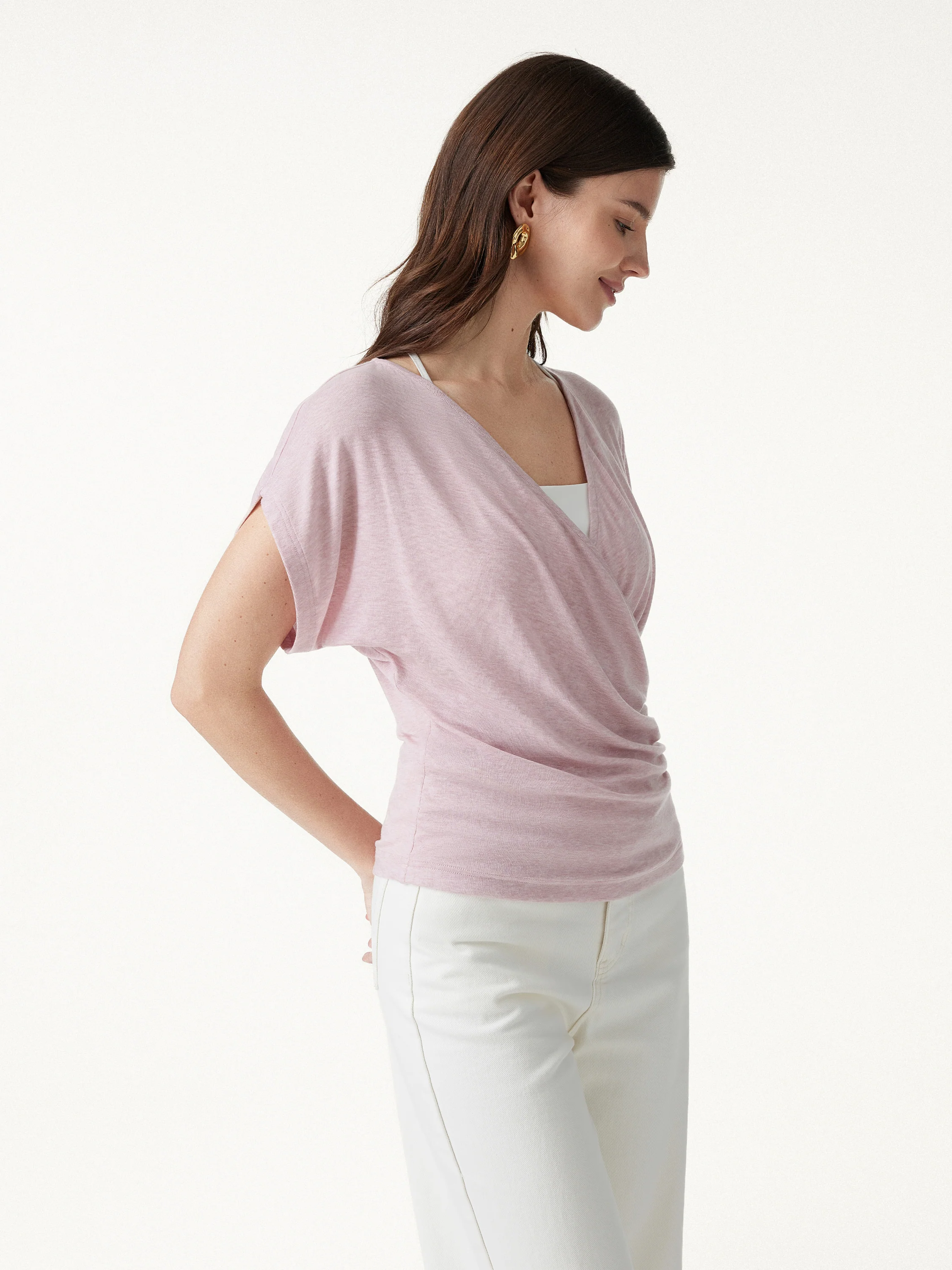 Summer Lyocell Wool Suprlice Ruched Short Sleeve Top - Image 5